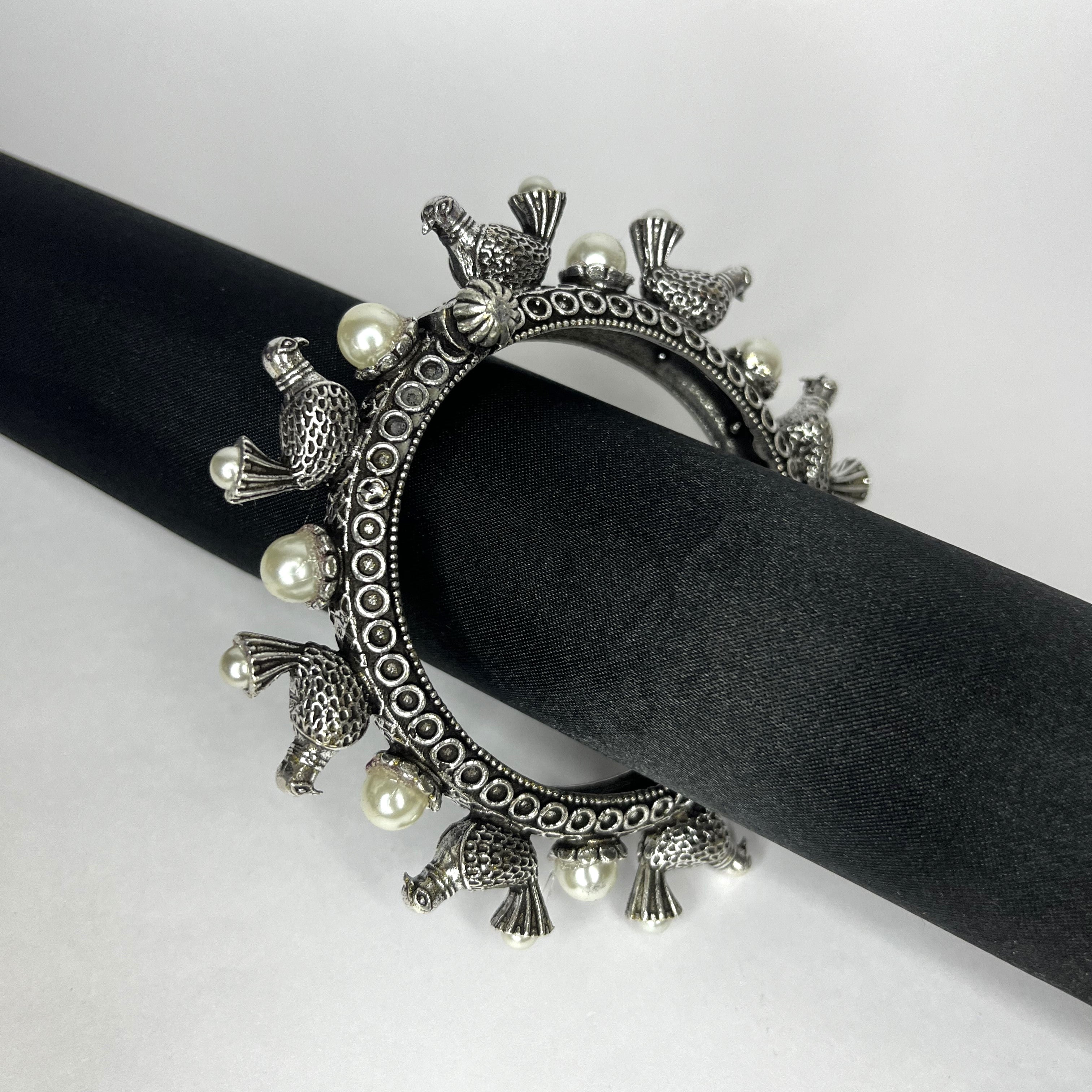 Oxidized Bird Bangle with Pearls