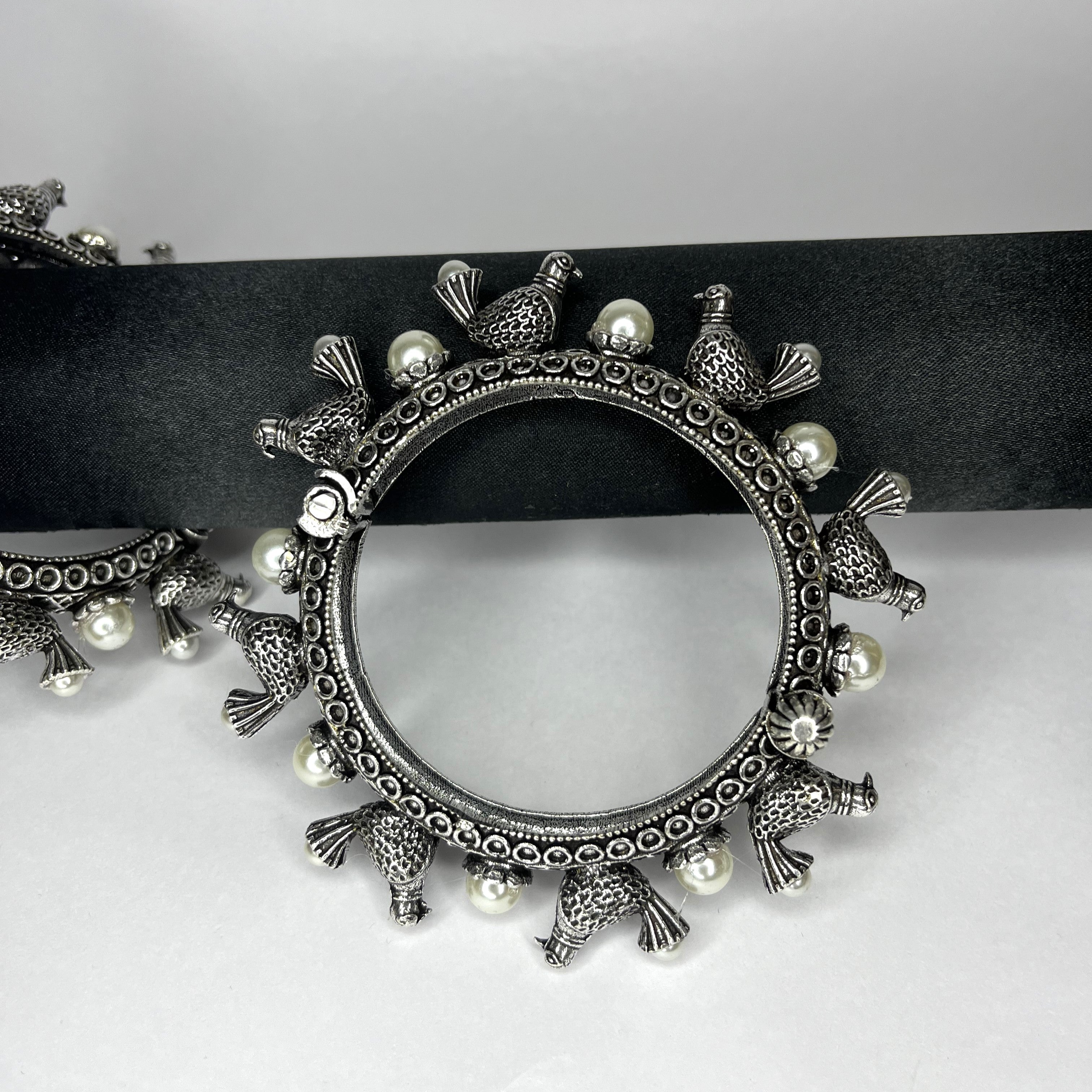 Oxidized Bird Bangle with Pearls