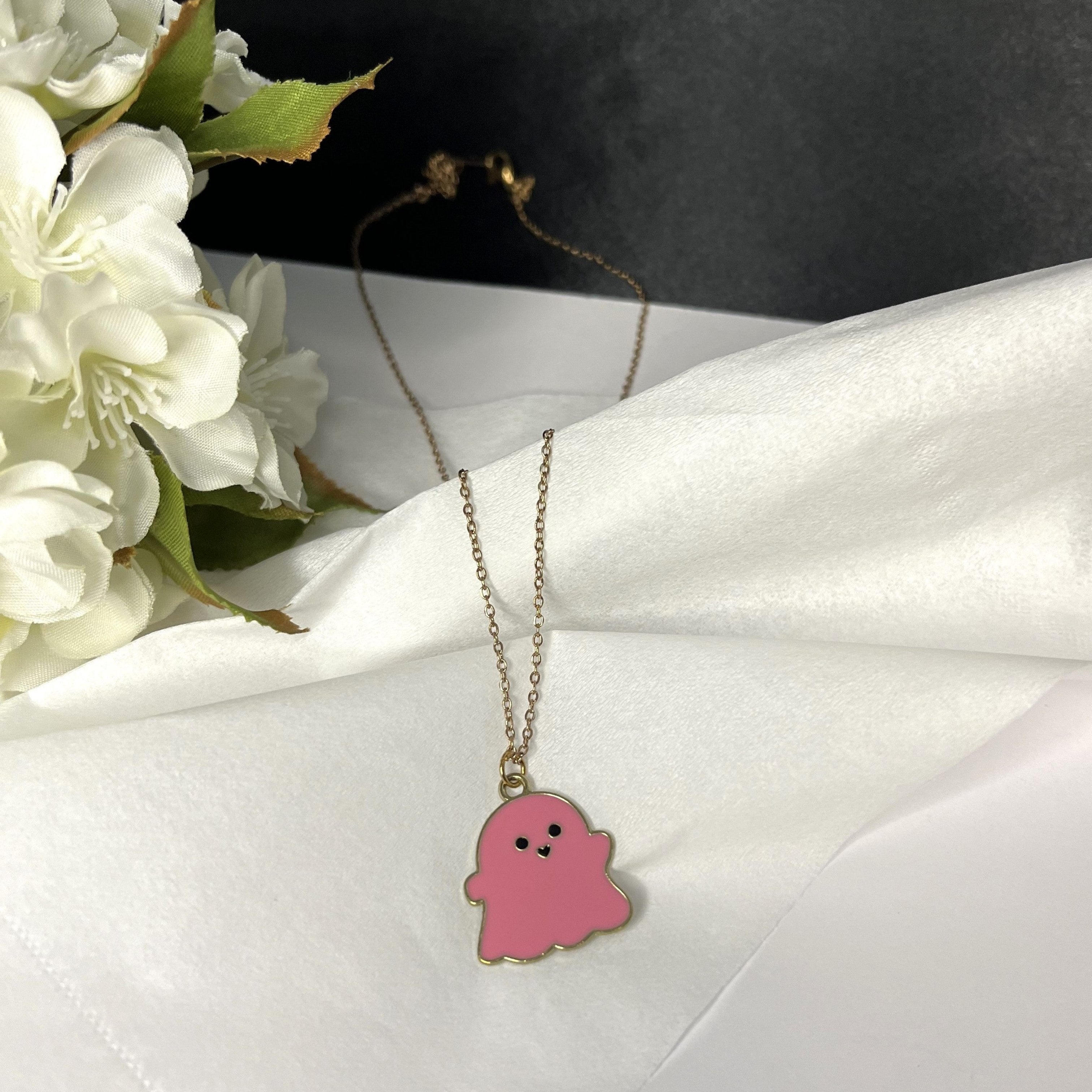 Enameled Ghost Pendant with Rose Gold Chain