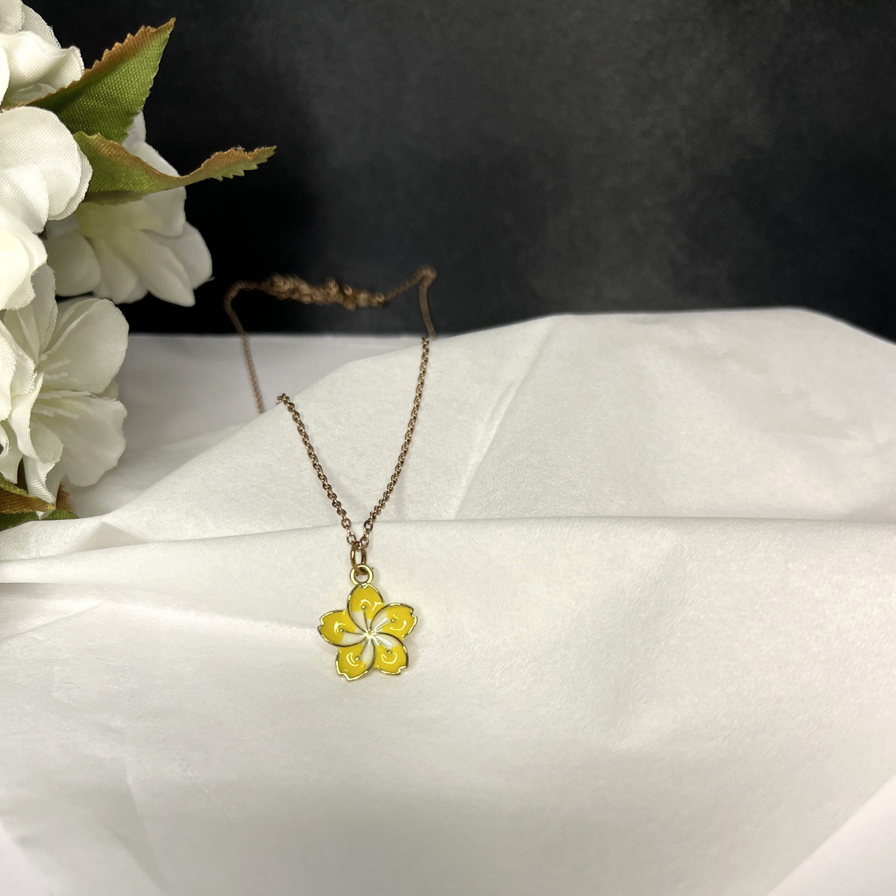 Yellow Enameled Flower Pendant with Rose Gold Chain