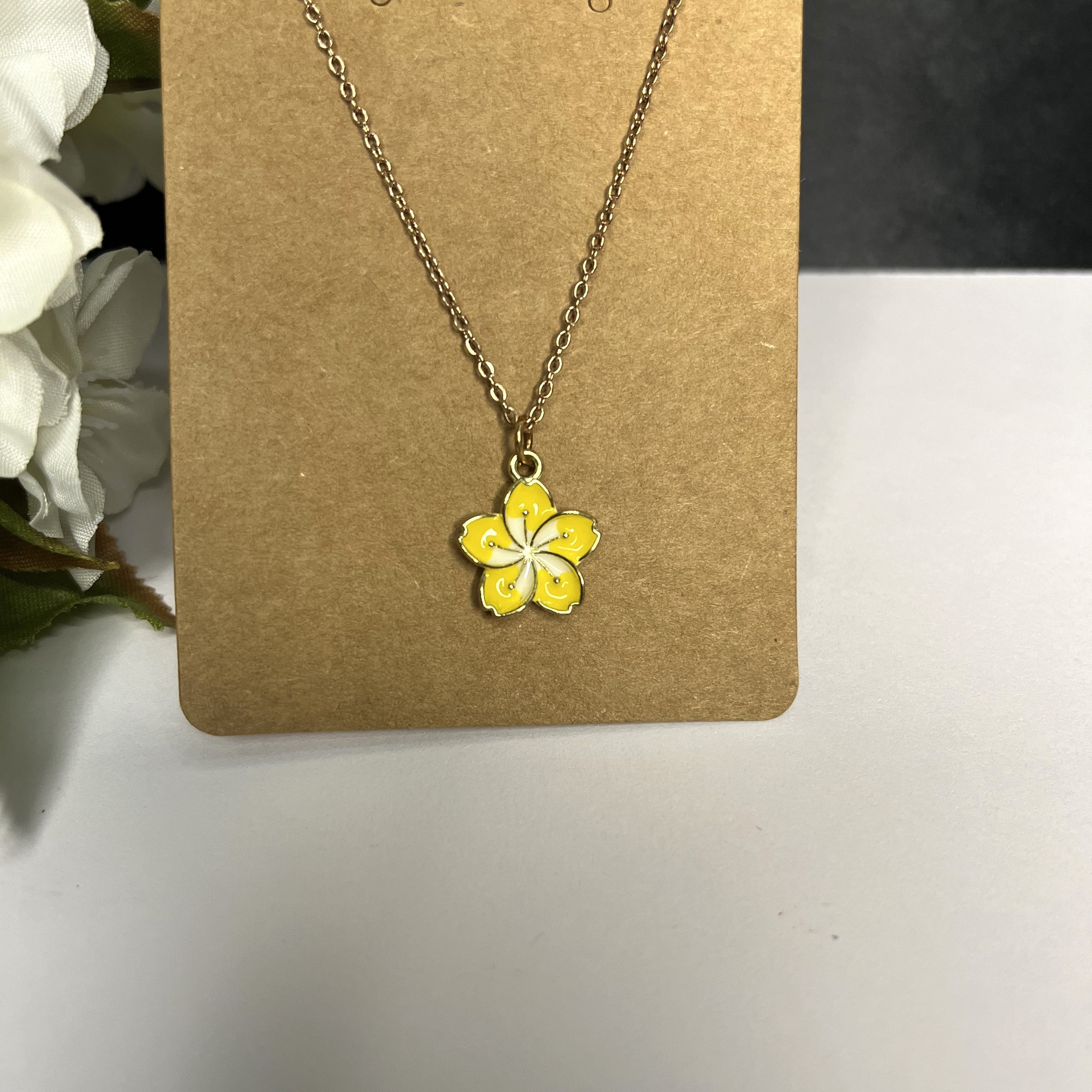 Yellow Enameled Flower Pendant with Rose Gold Chain