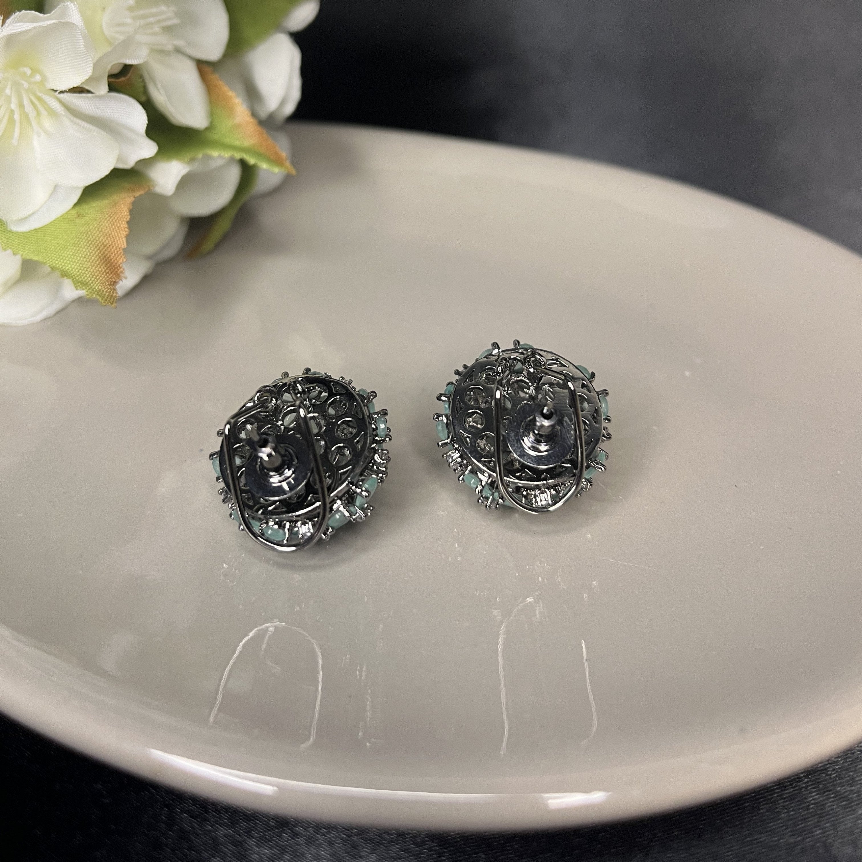 Rhodium Plated Flower Zirconia Stud Earrings