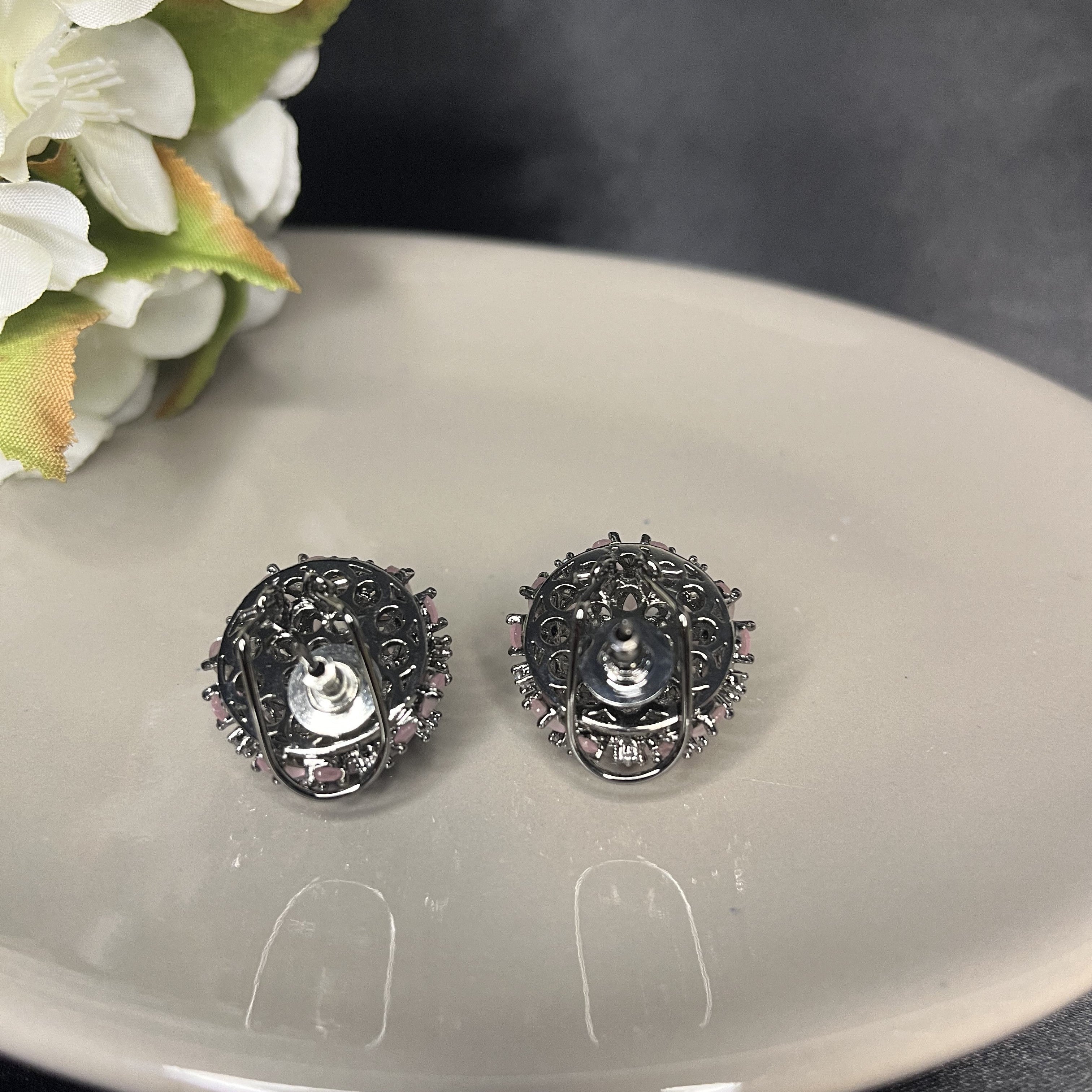 Rhodium Plated Flower Zirconia Stud Earrings