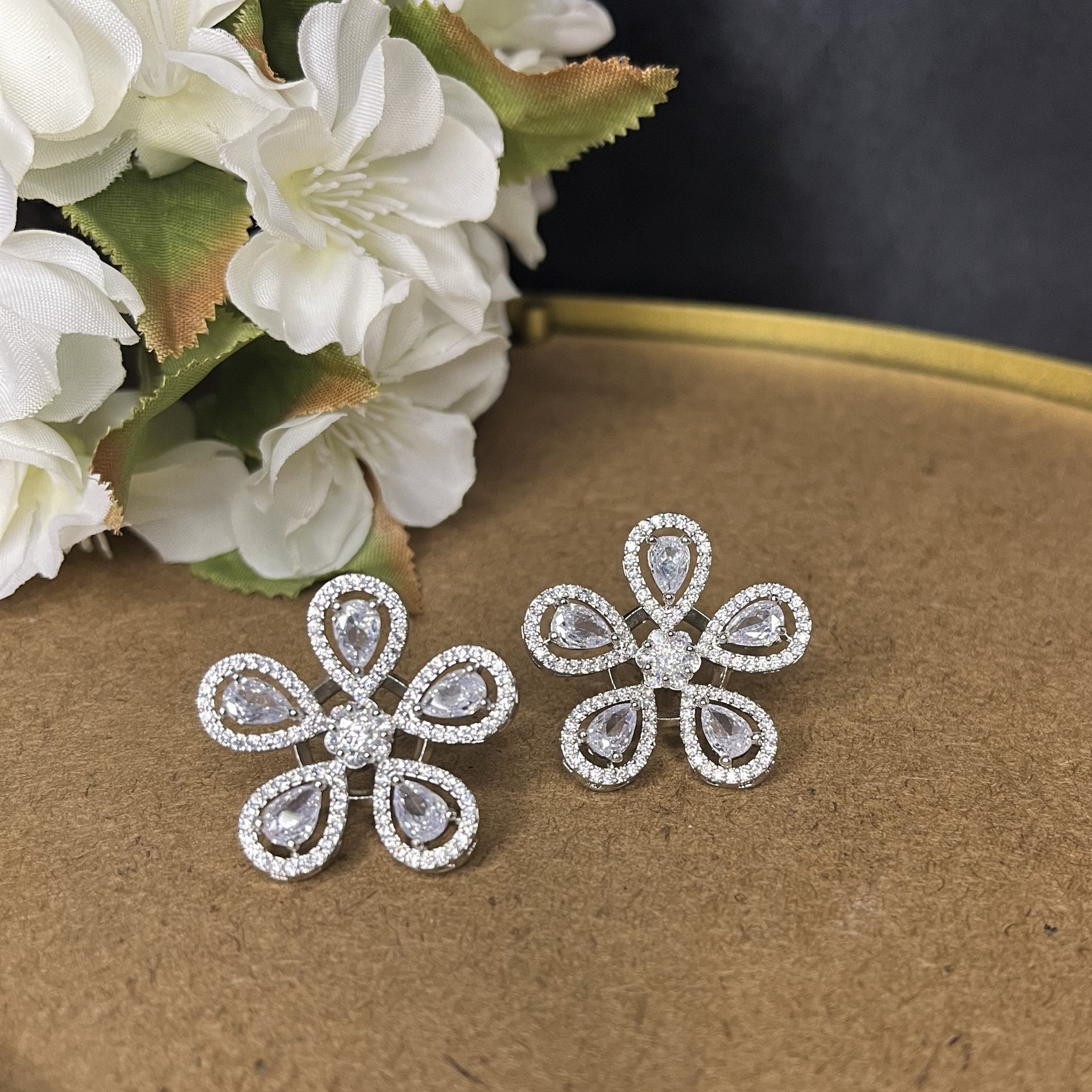 AD Silver Flower Stud Earrings