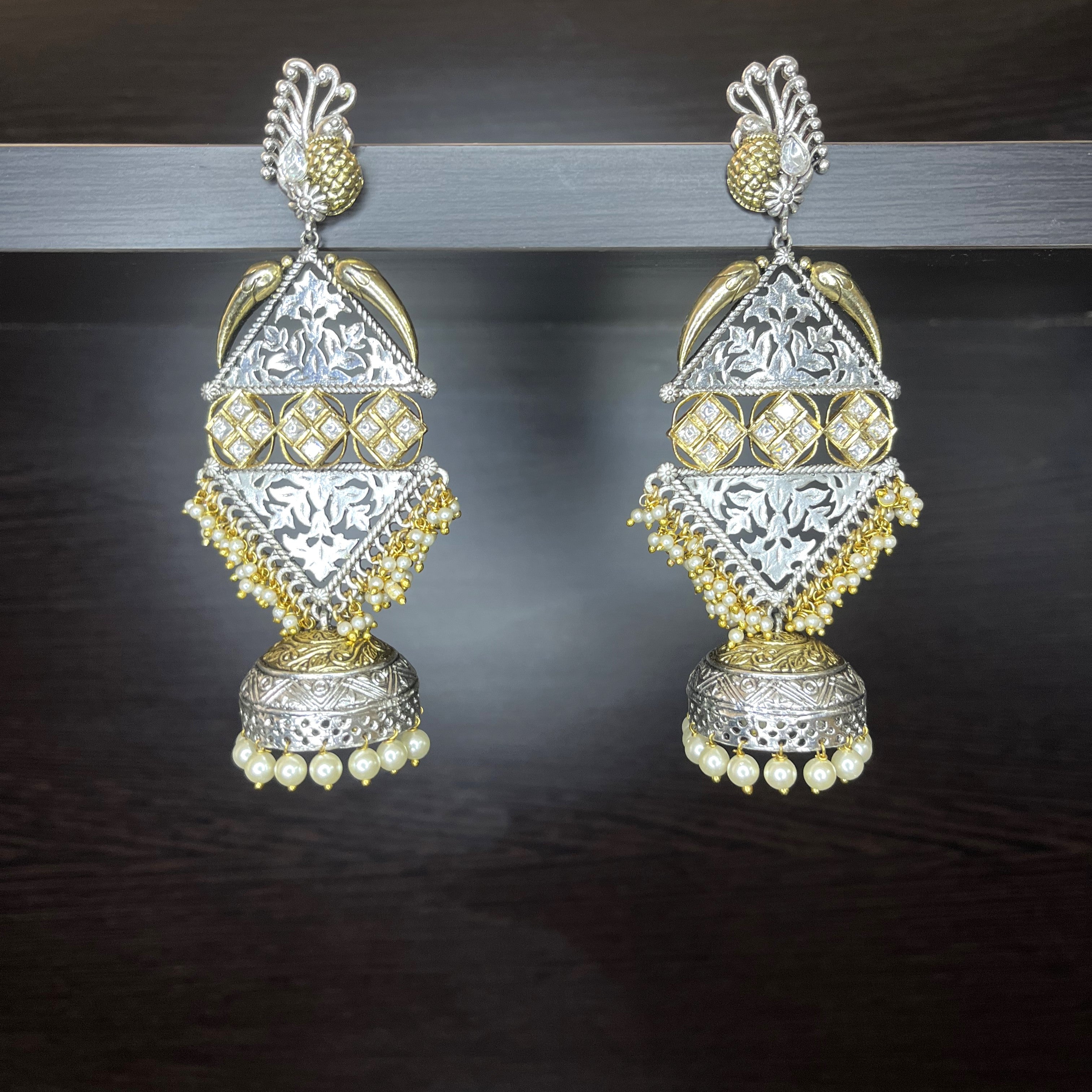 Golden Silver Plated Peacock Jhumka Earrings with Kundan Stones