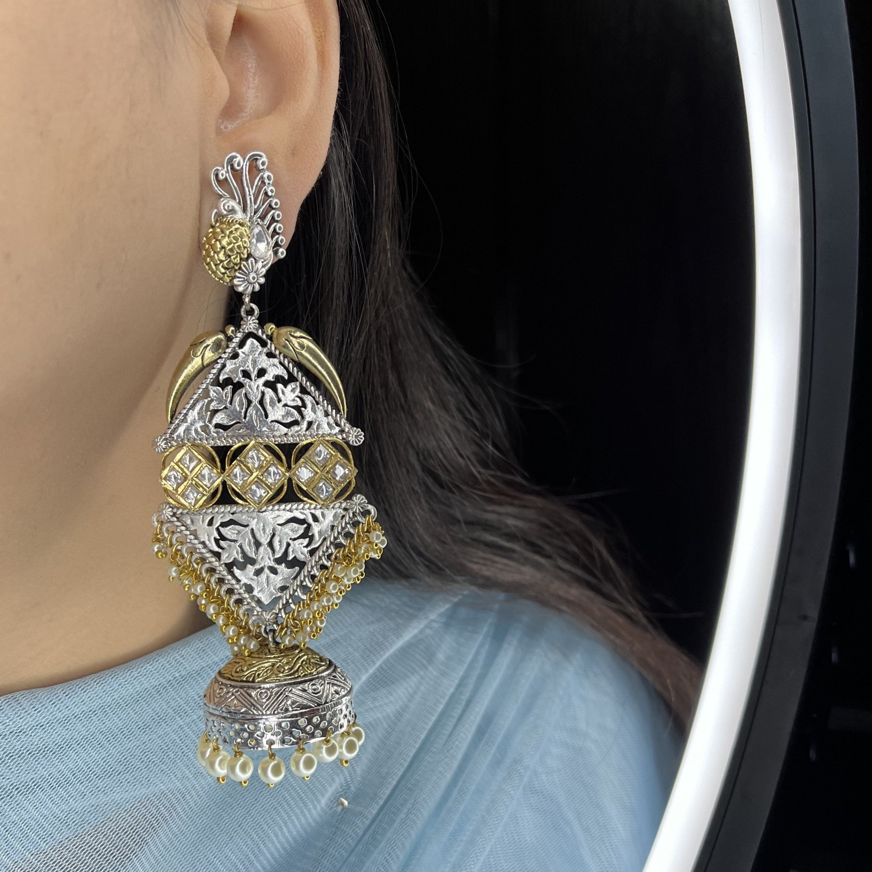 Golden Silver Plated Peacock Jhumka Earrings with Kundan Stones