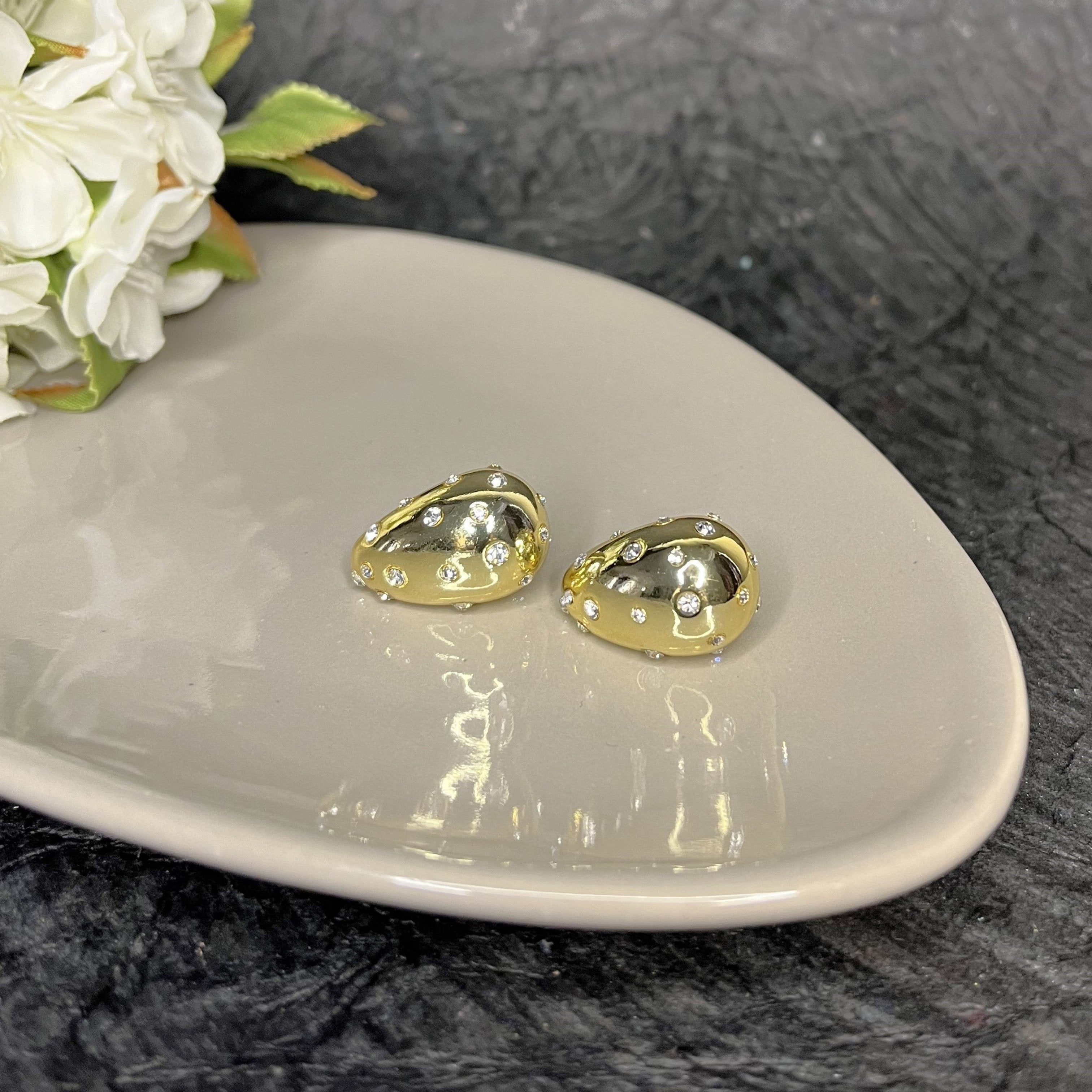 Golden Tear Drop Zirconia Studded Earrings