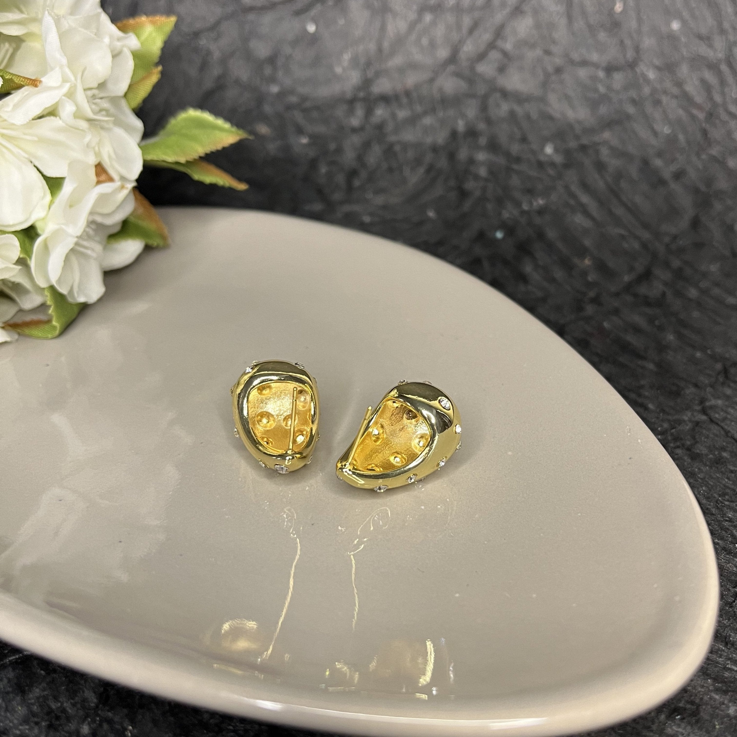 Golden Tear Drop Zirconia Studded Earrings