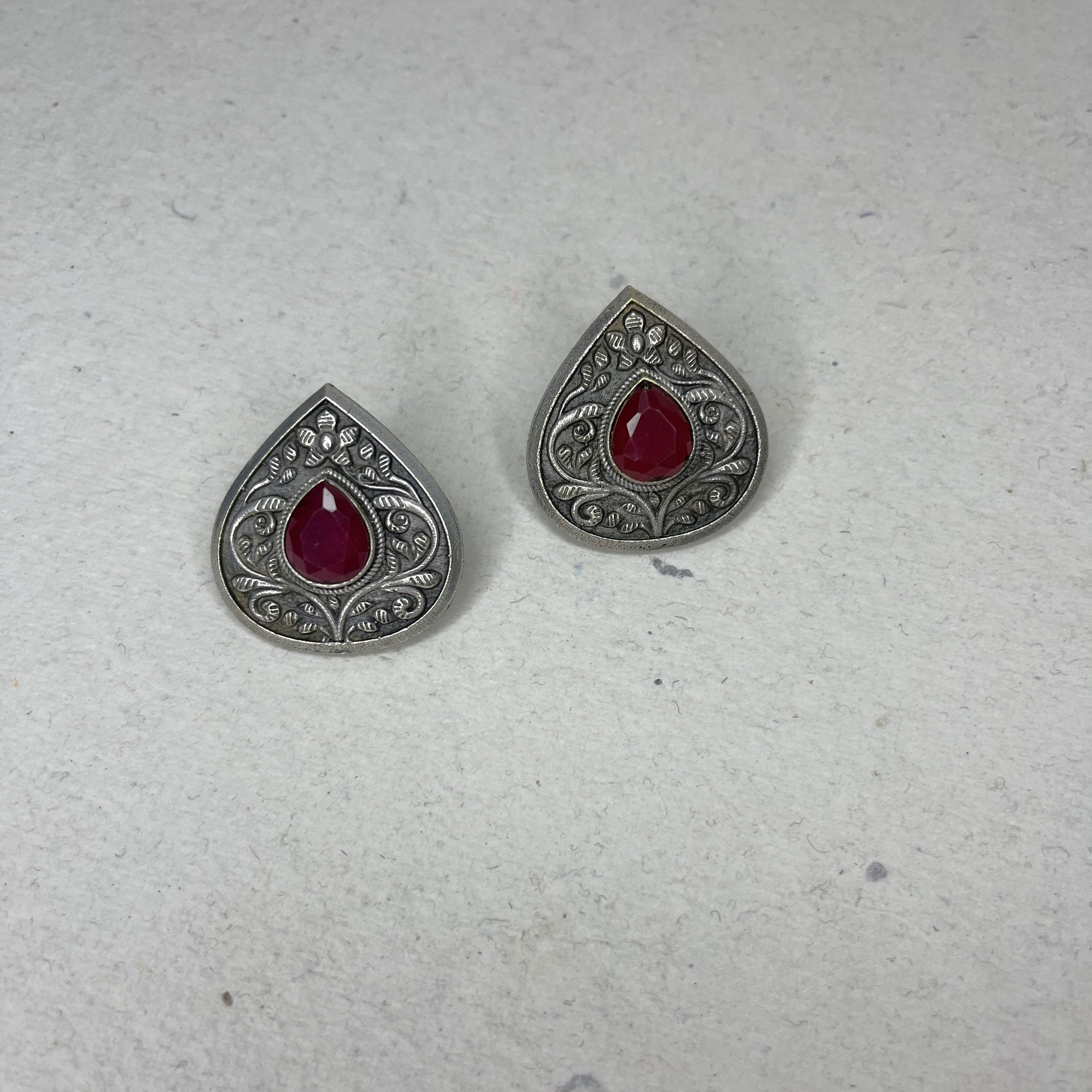 Oxidized Paan Shape Stud Earrings with Colour Stone