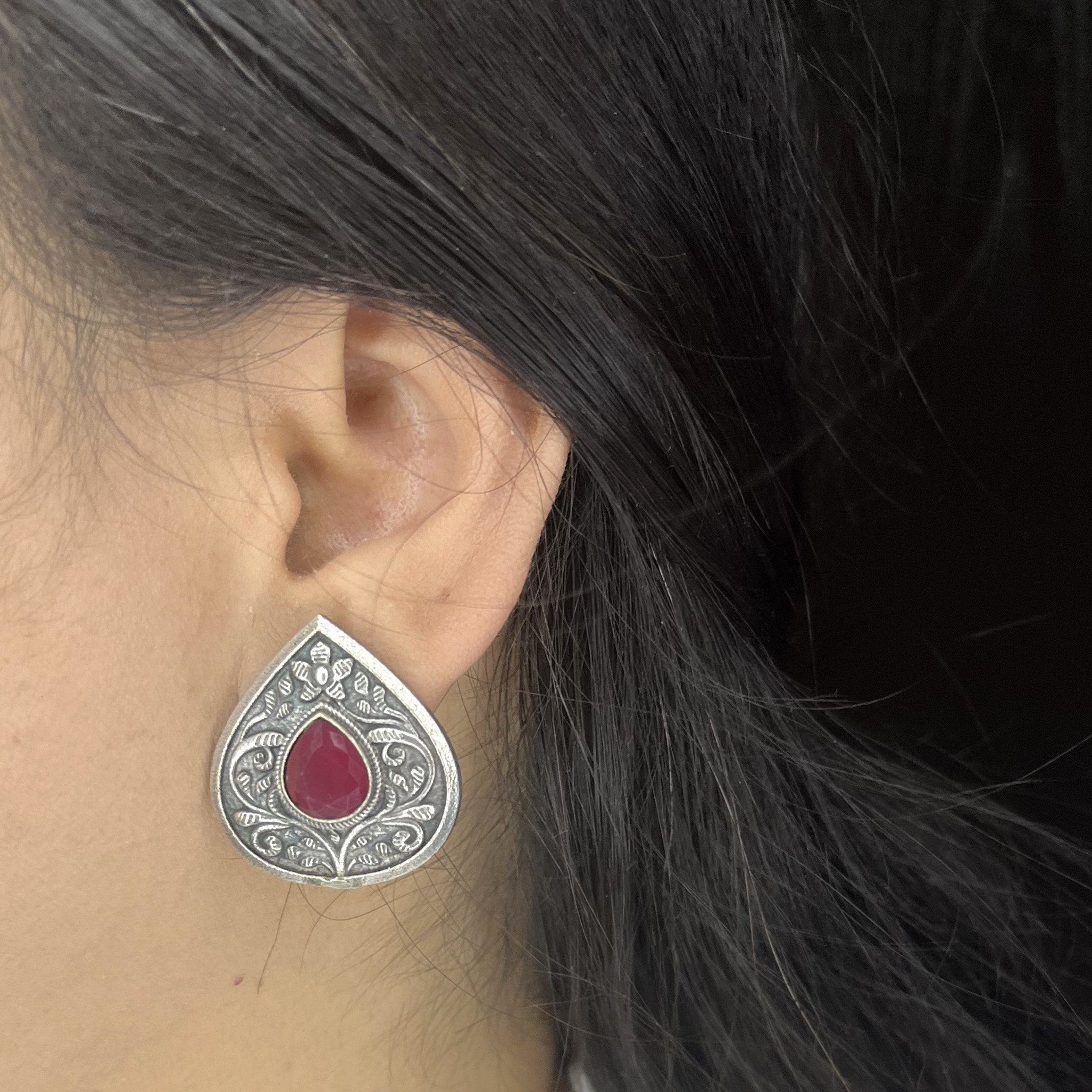 Oxidized Paan Shape Stud Earrings with Colour Stone