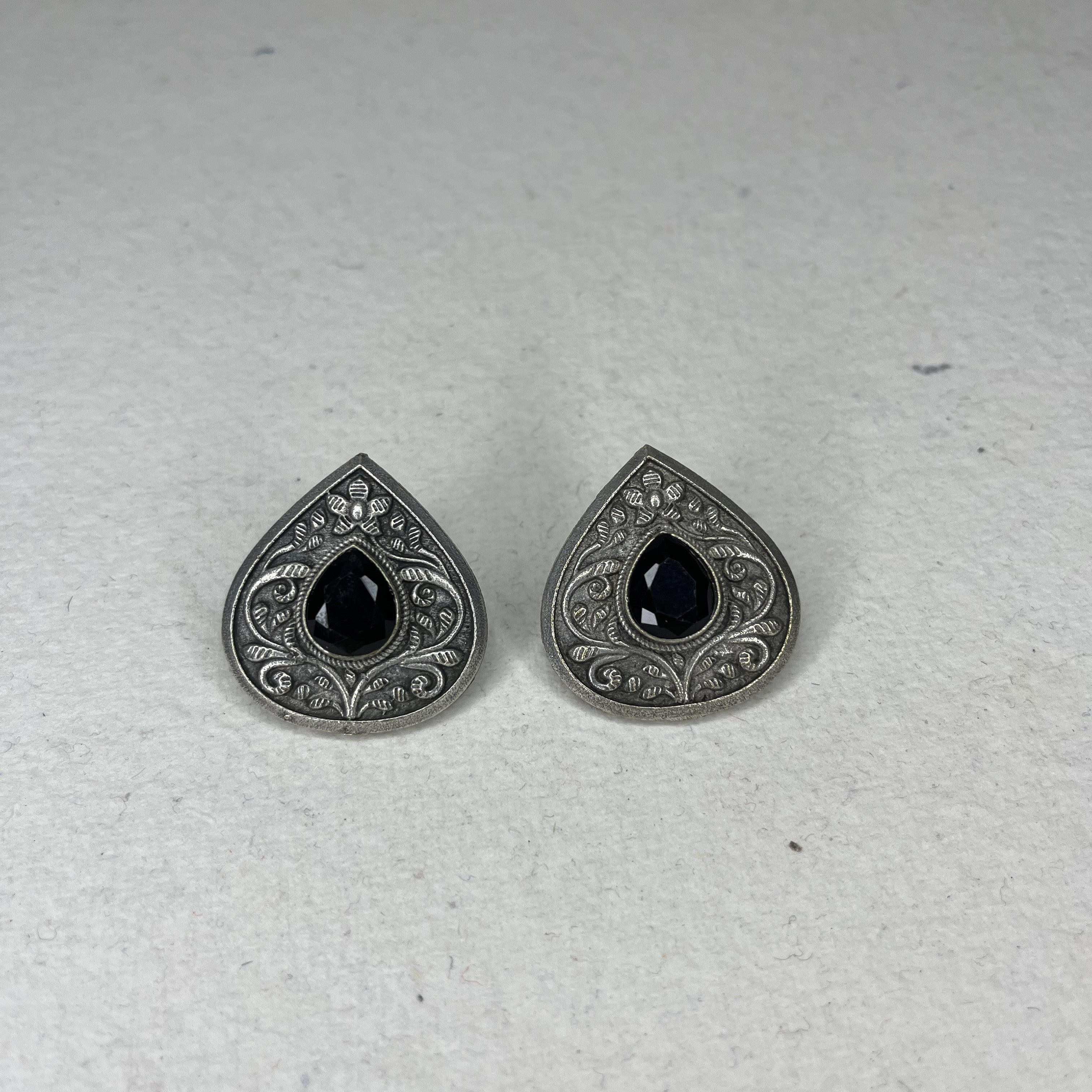 Oxidized Paan Shape Stud Earrings with Colour Stone