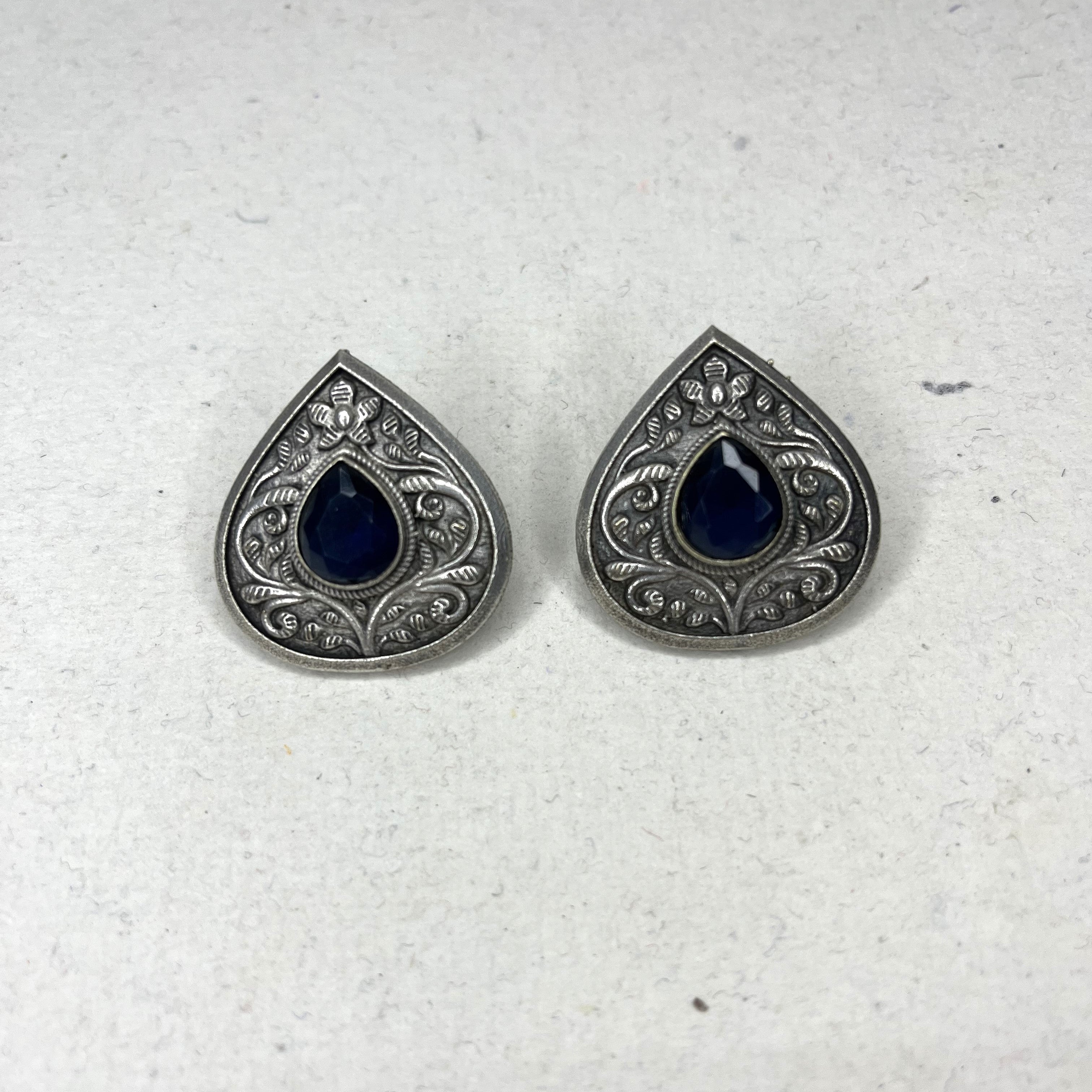 Oxidized Paan Shape Stud Earrings with Colour Stone