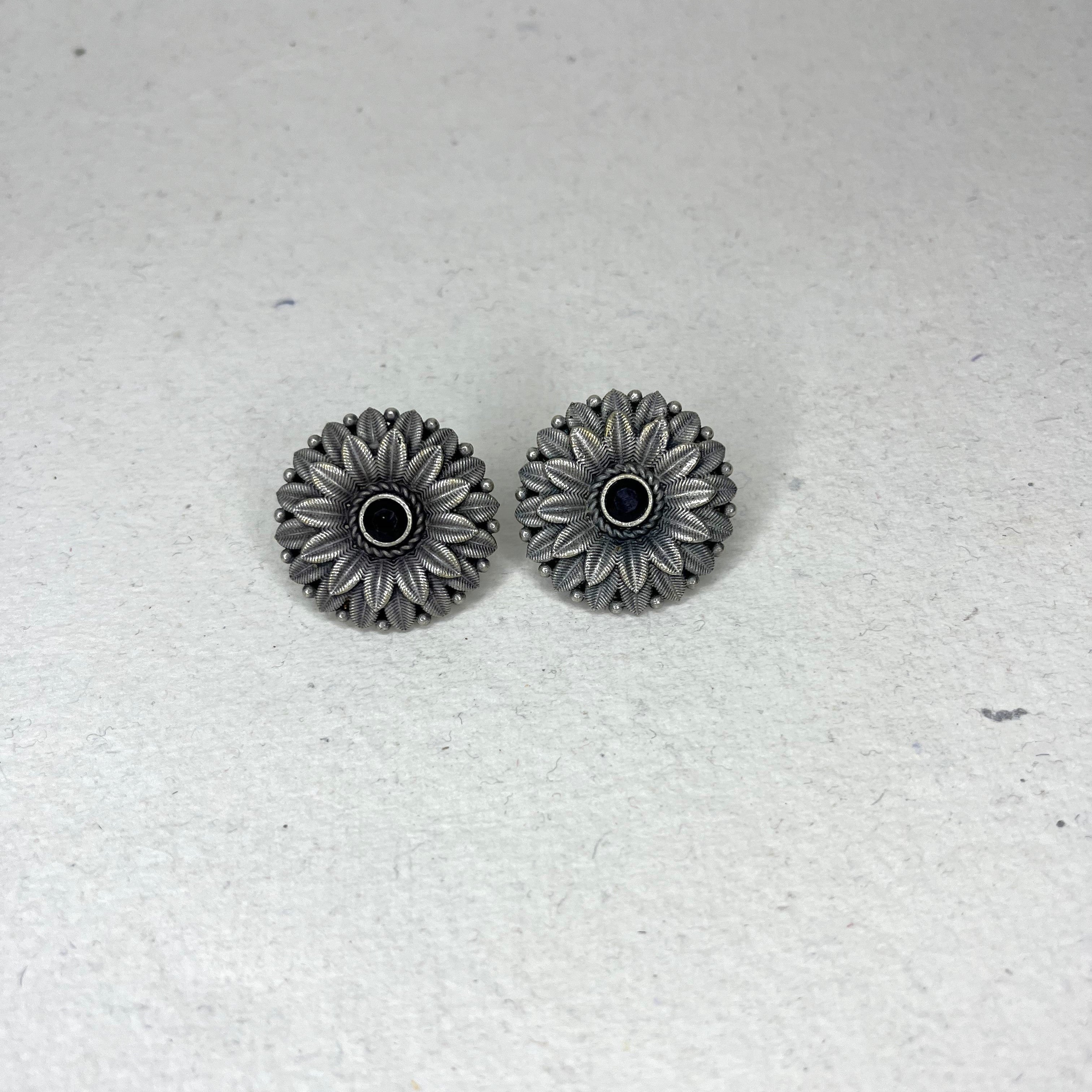 Oxidized Flower Shape Stud Earrings with Colour Stone