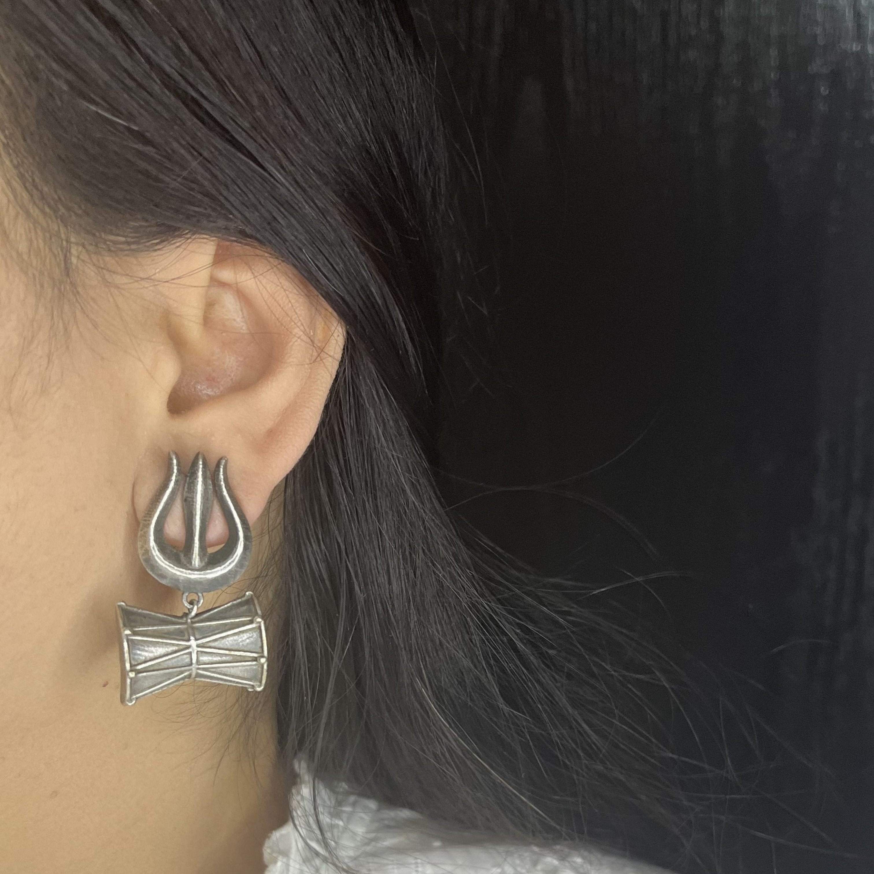 Oxidized Trishul Damru Earrings