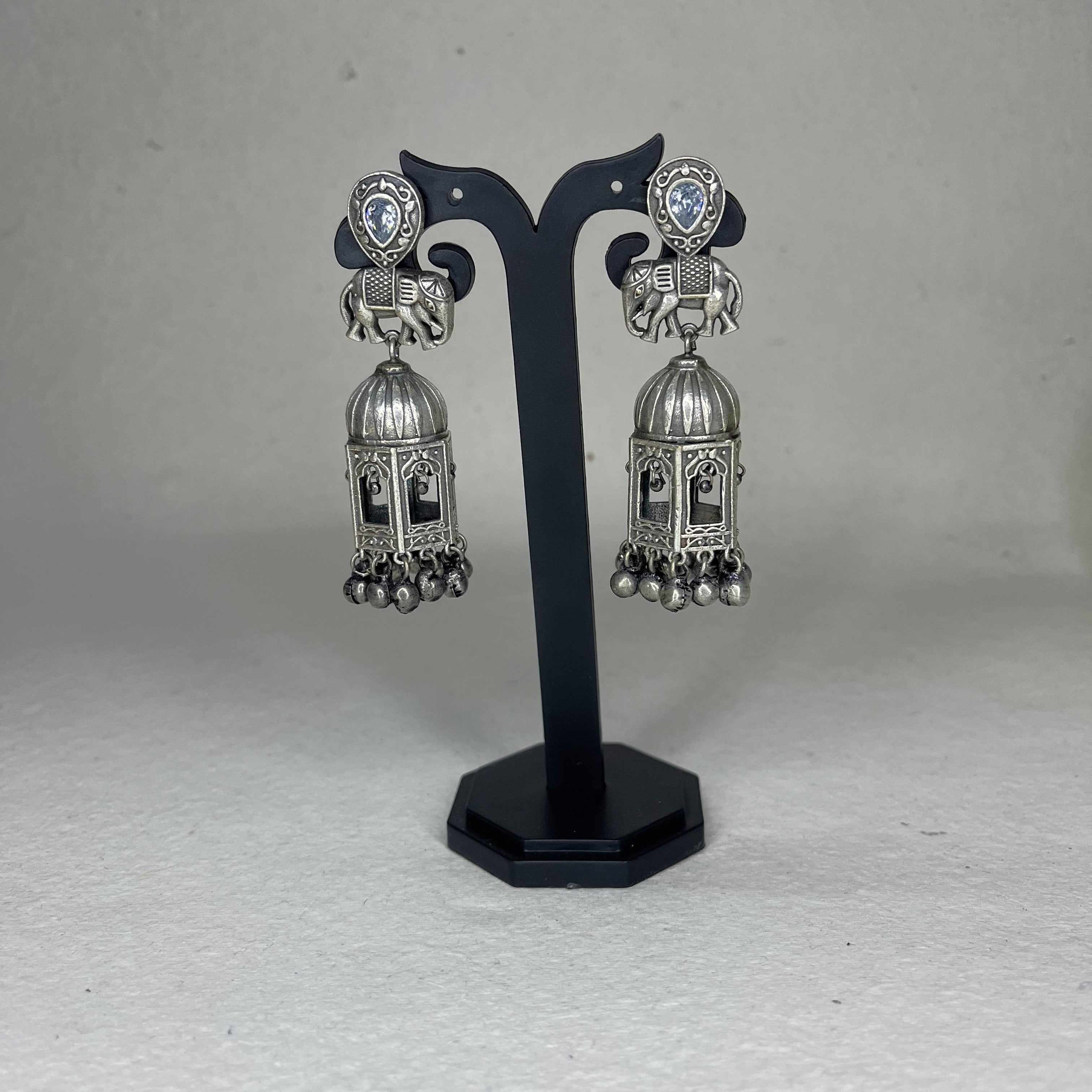 Oxidized Elephant Jharokha Dangle Earrings with Stone