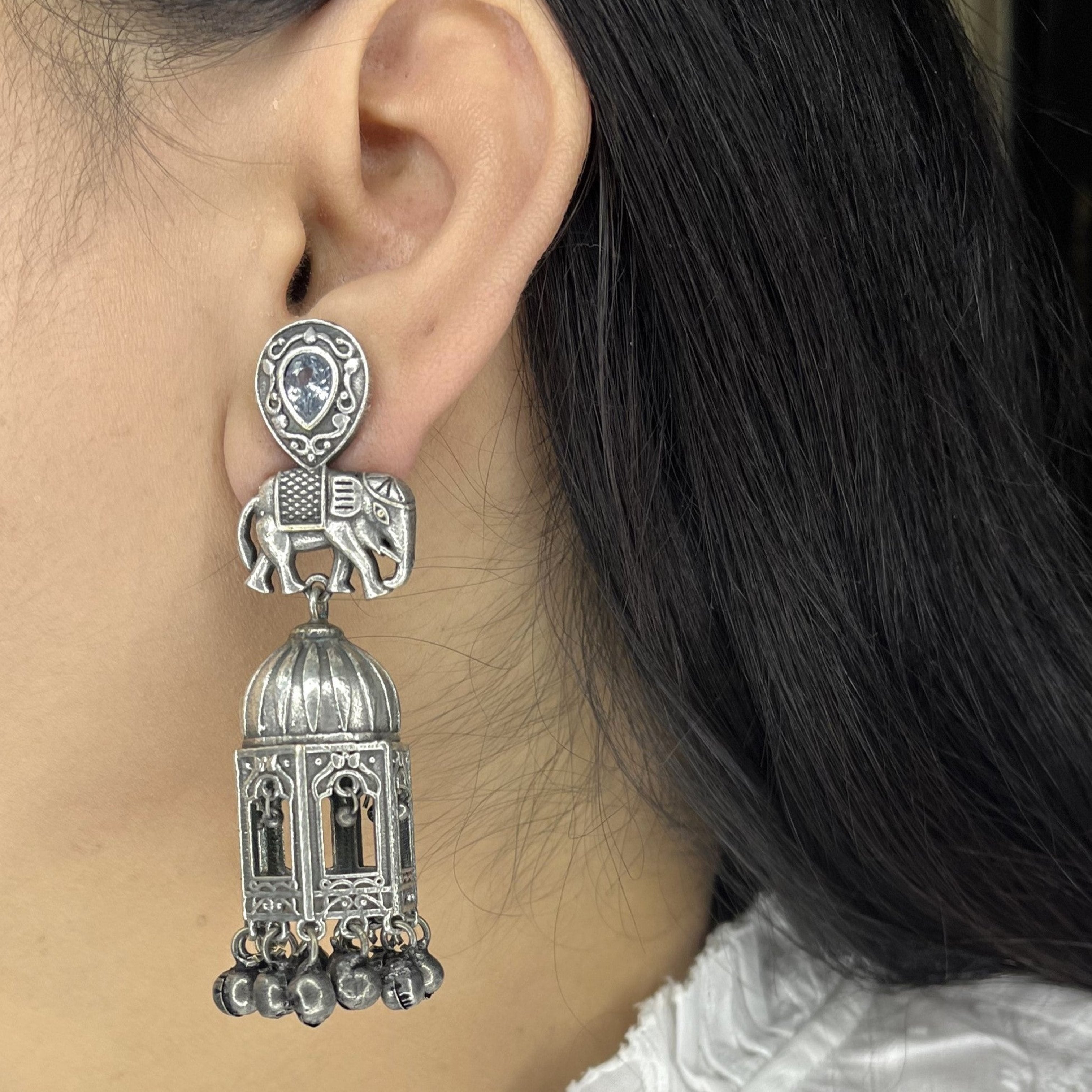 Oxidized Elephant Jharokha Dangle Earrings with Stone