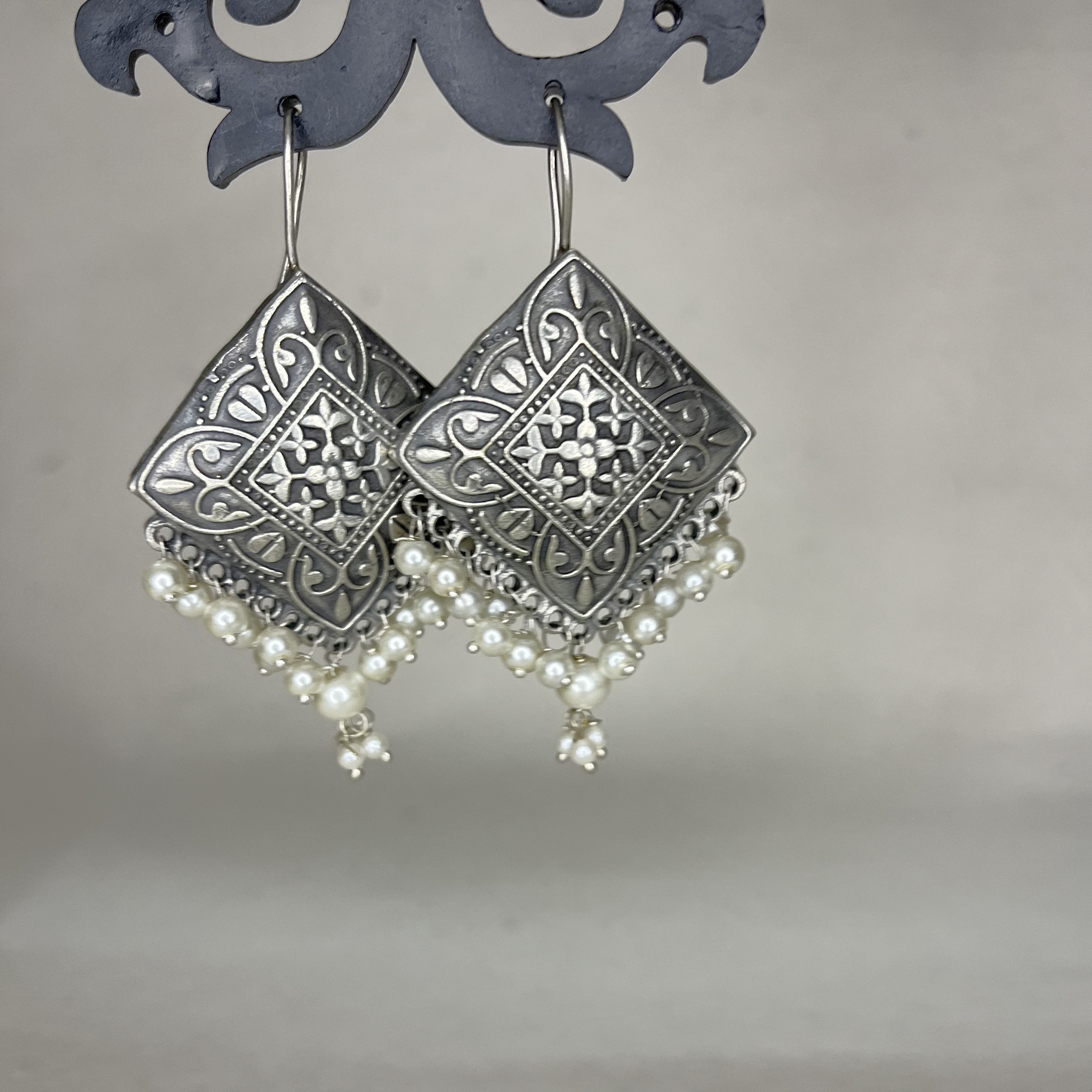 Oxidized Kite Shape with Pearls Dangle Hook Earrings