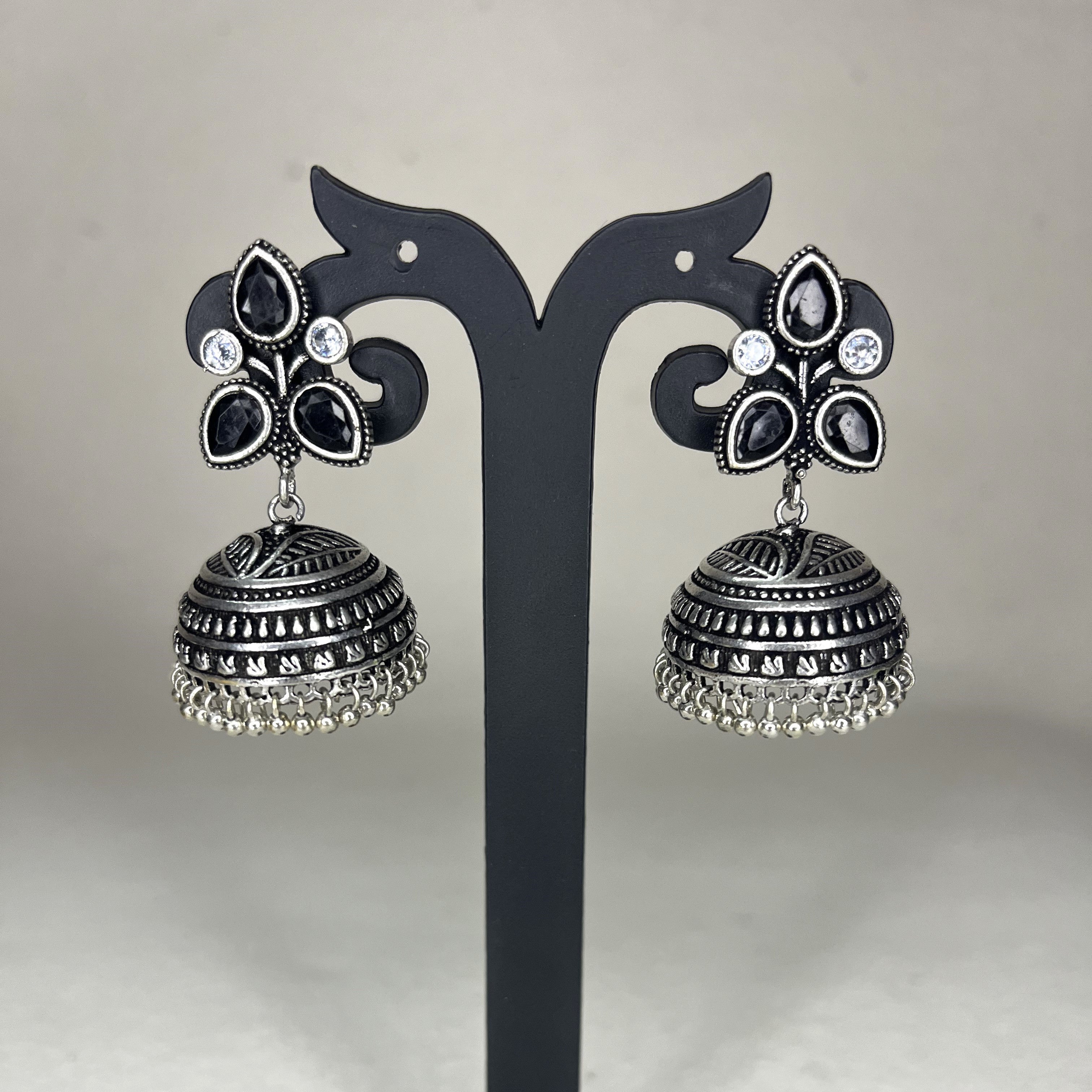 Oxidized Petals Shape Stud Jhumka Earrings with Colour Stones