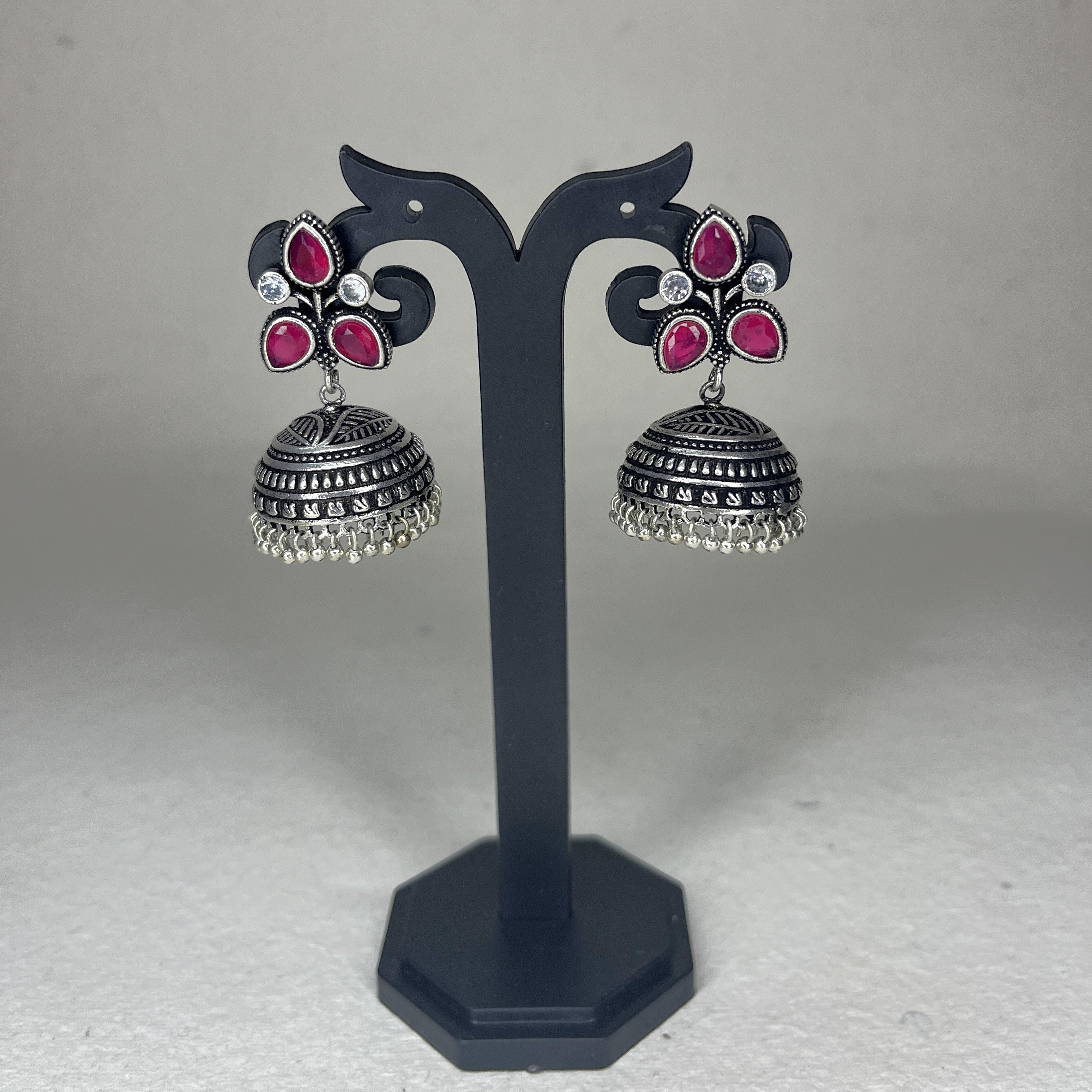 Oxidized Petals Shape Stud Jhumka Earrings with Colour Stones