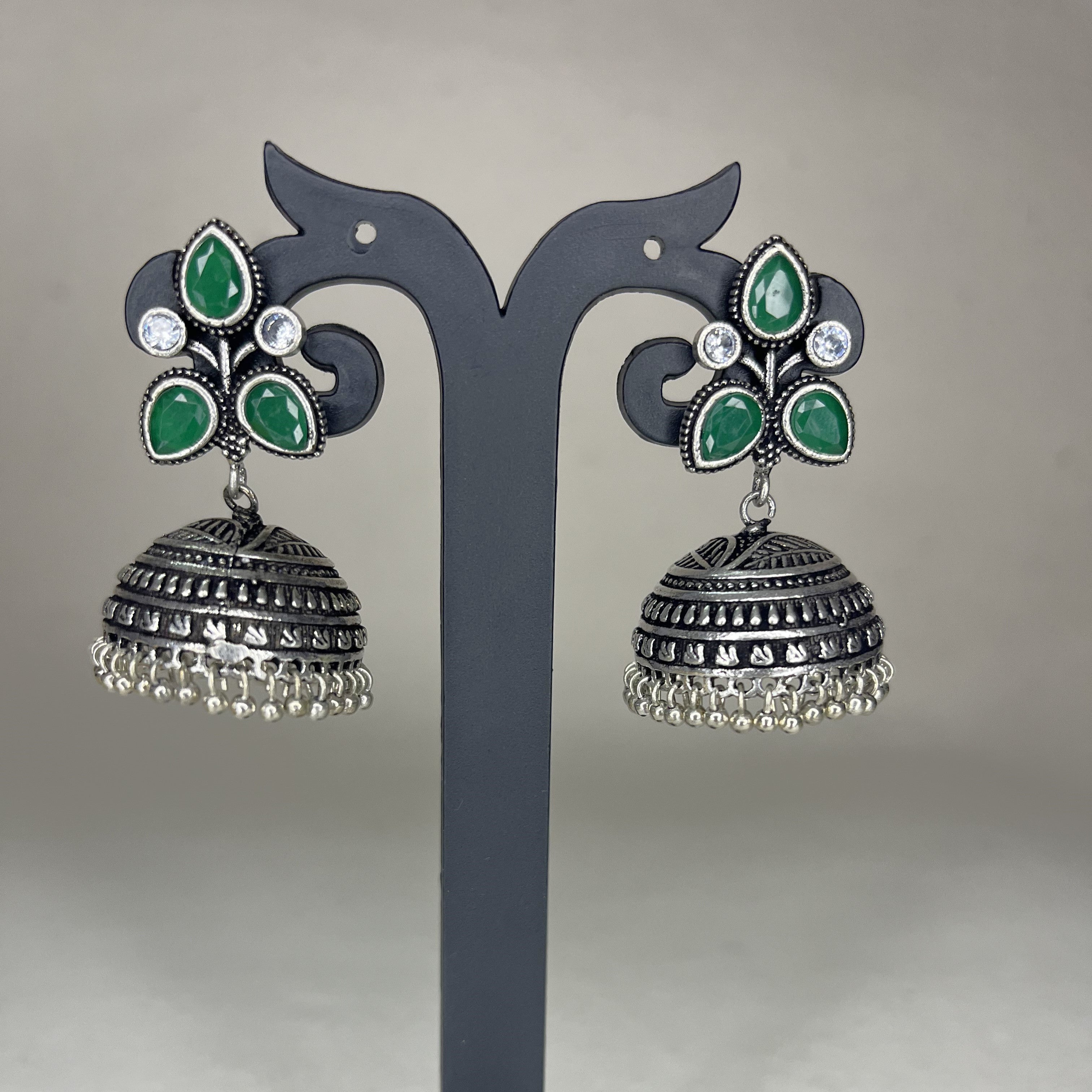 Oxidized Petals Shape Stud Jhumka Earrings with Colour Stones