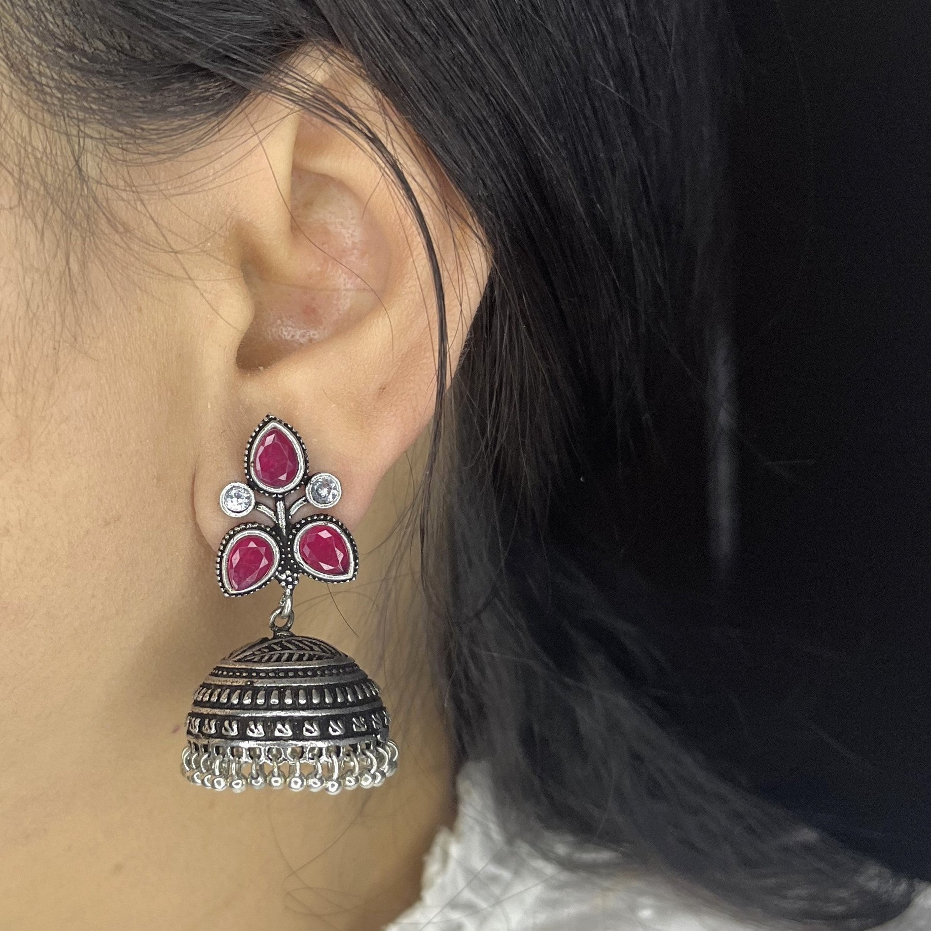 Oxidized Petals Shape Stud Jhumka Earrings with Colour Stones