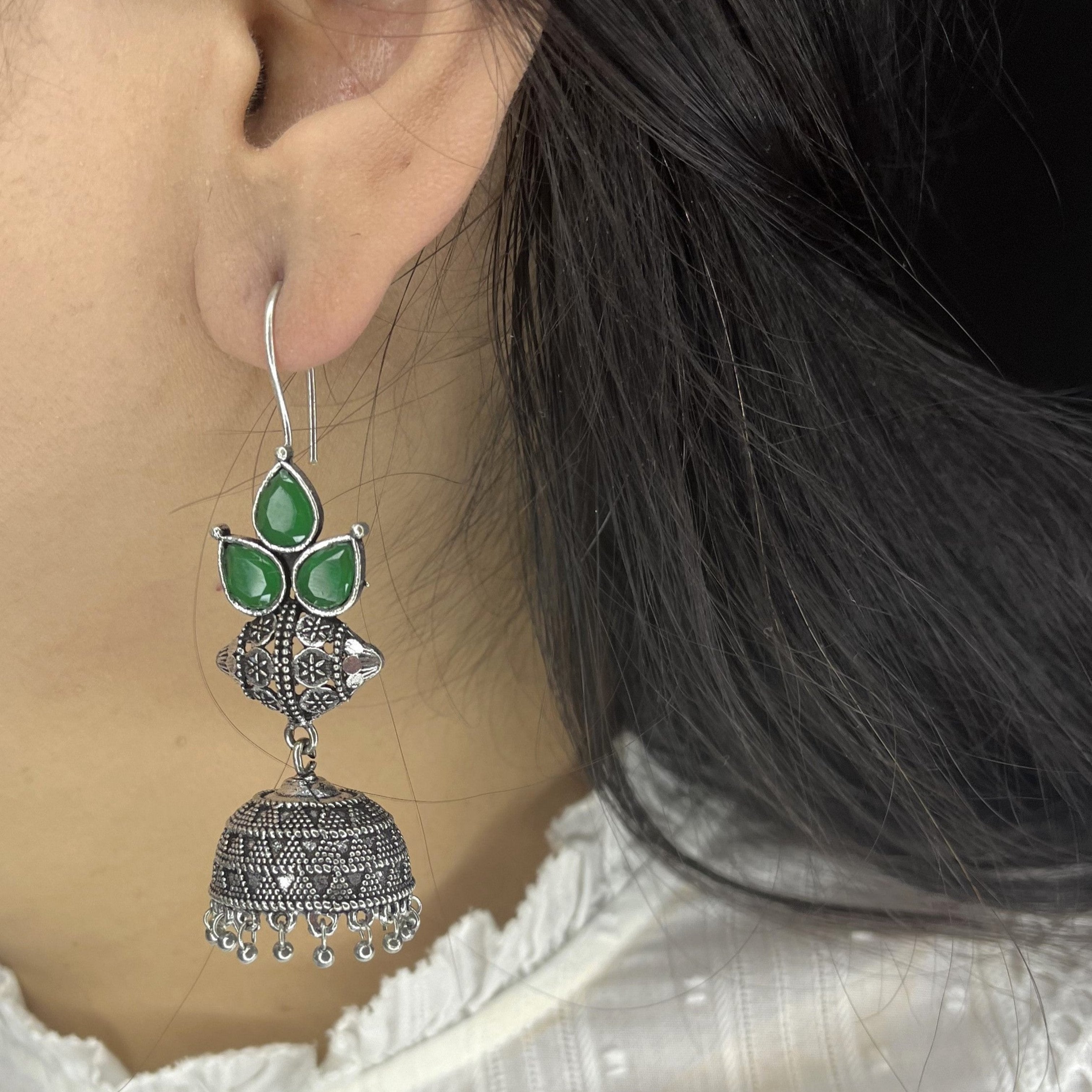 Oxidized Petals Shape Stud Hook Jhumka Earrings with Colour Stones