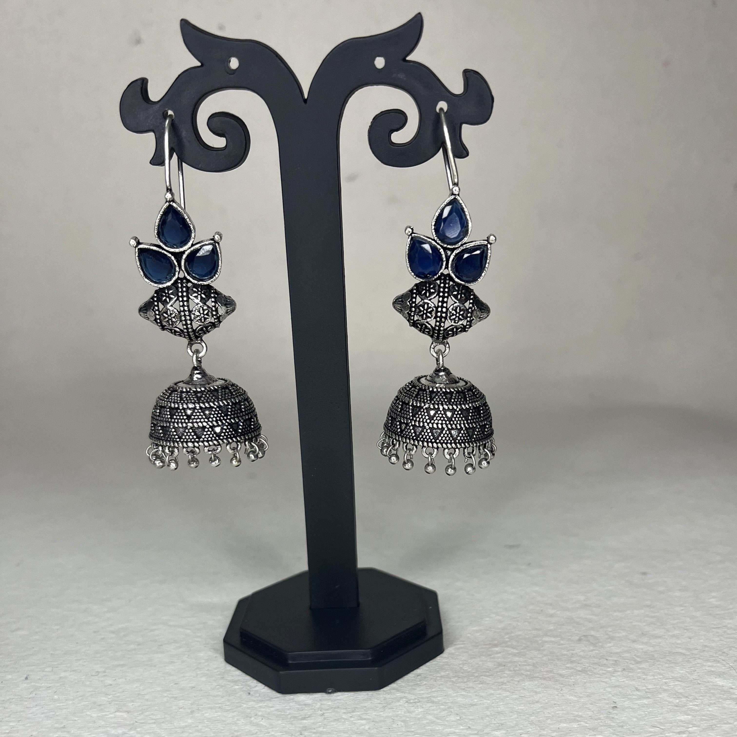 Oxidized Petals Shape Stud Hook Jhumka Earrings with Colour Stones