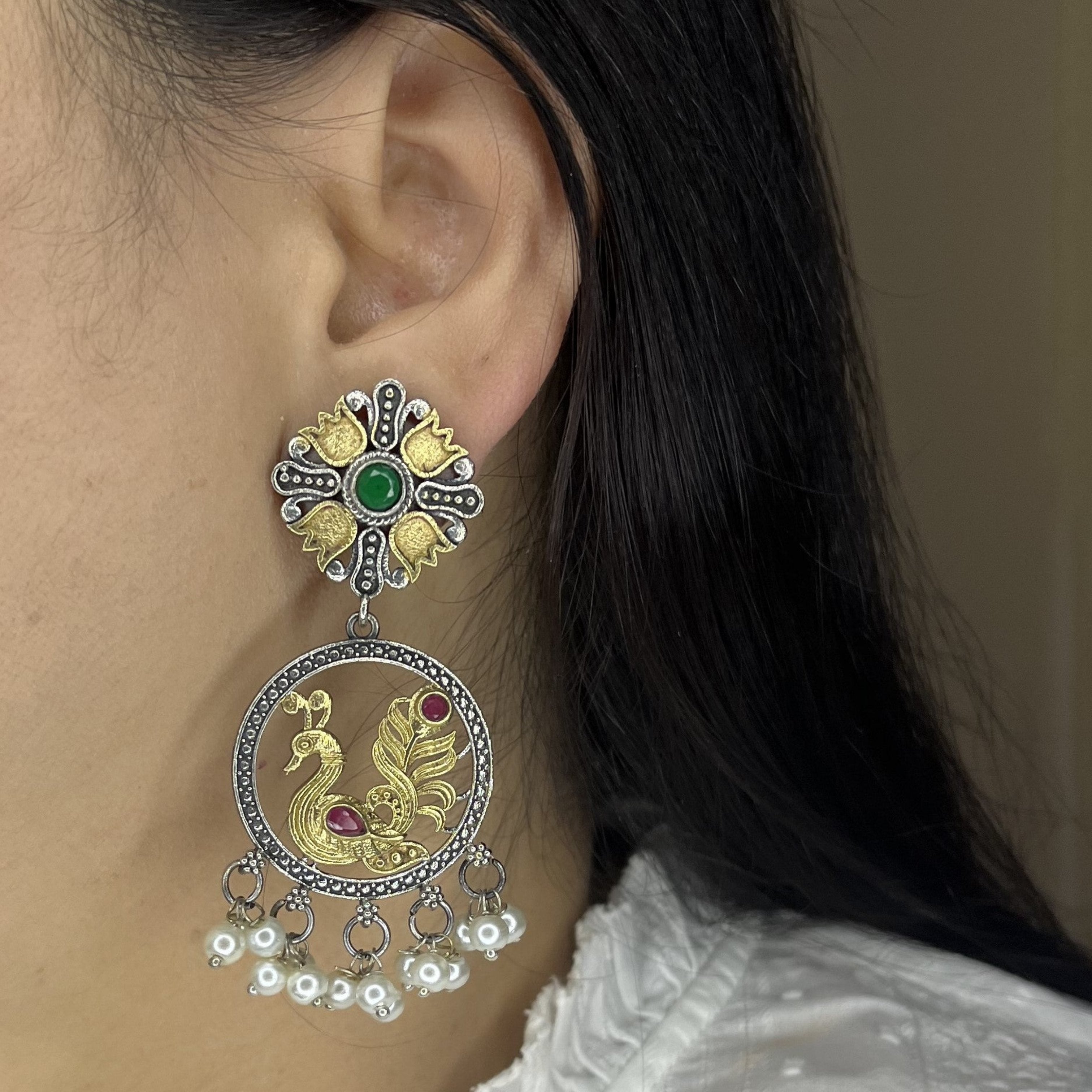 Dual Tone Peacock Earrings with Colour Stones & Pearls