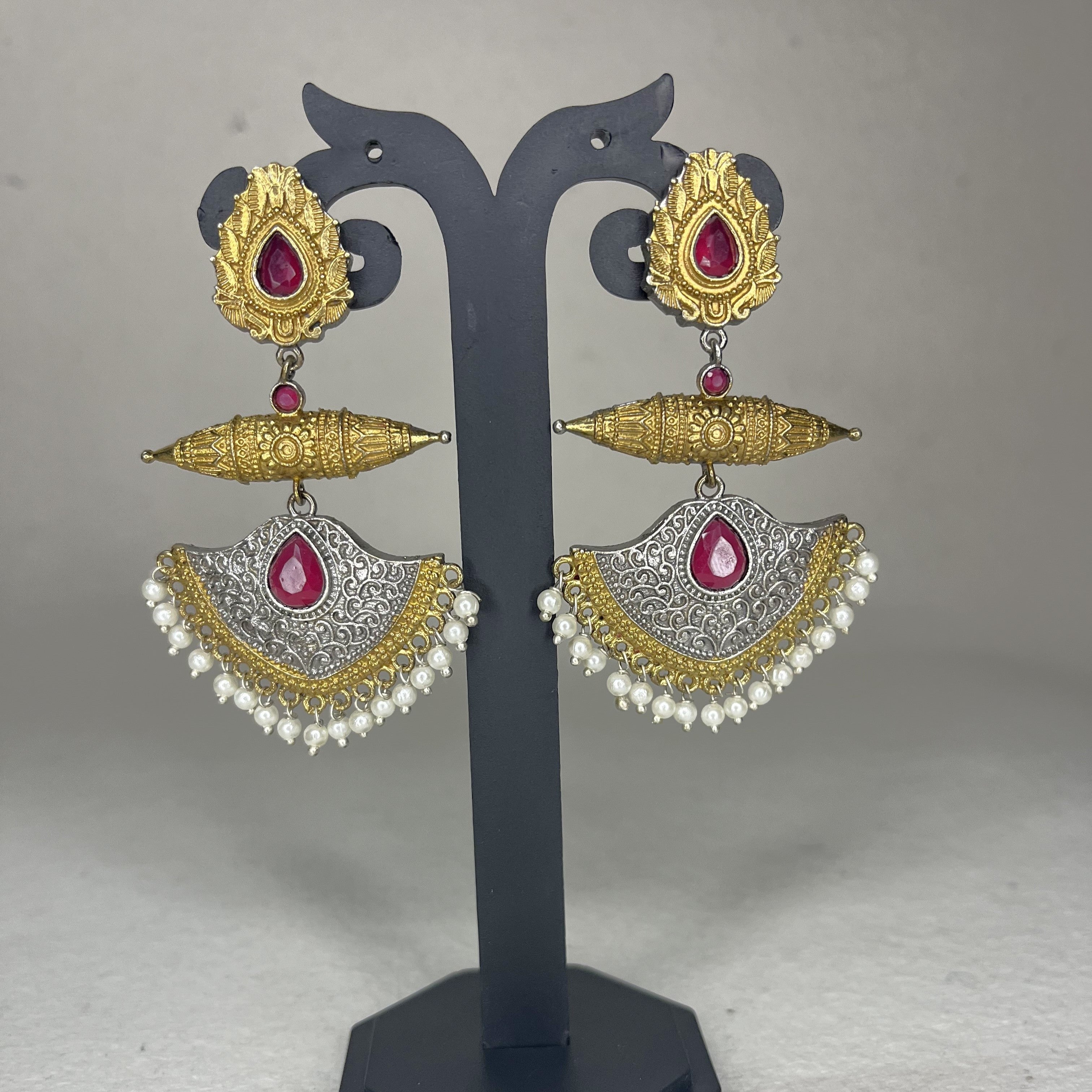 Dual Tone Earrings with Ruby Stones & Pearls