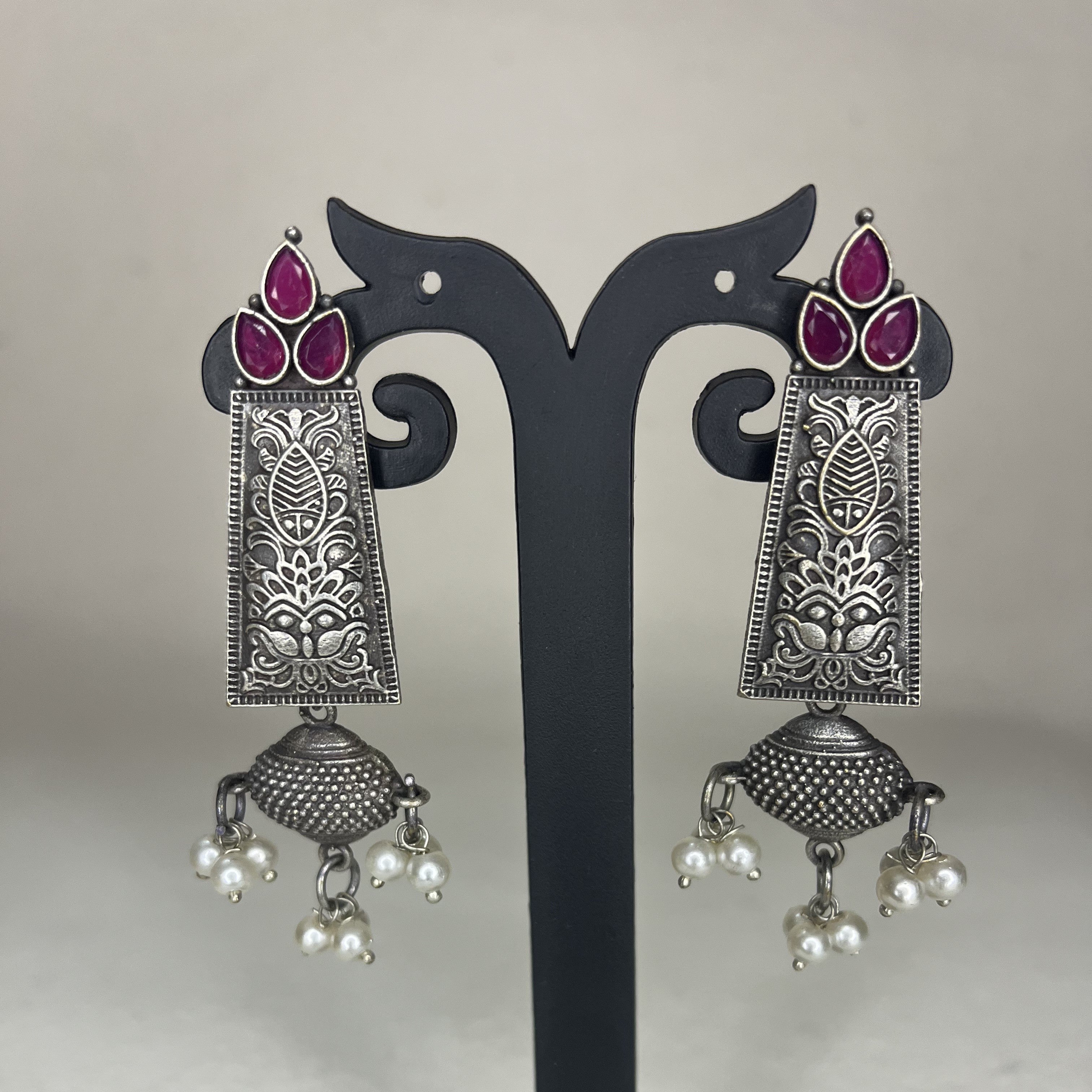 Oxidized Petals Shape Stud Dangle Earrings with Colour Stones & Pearls