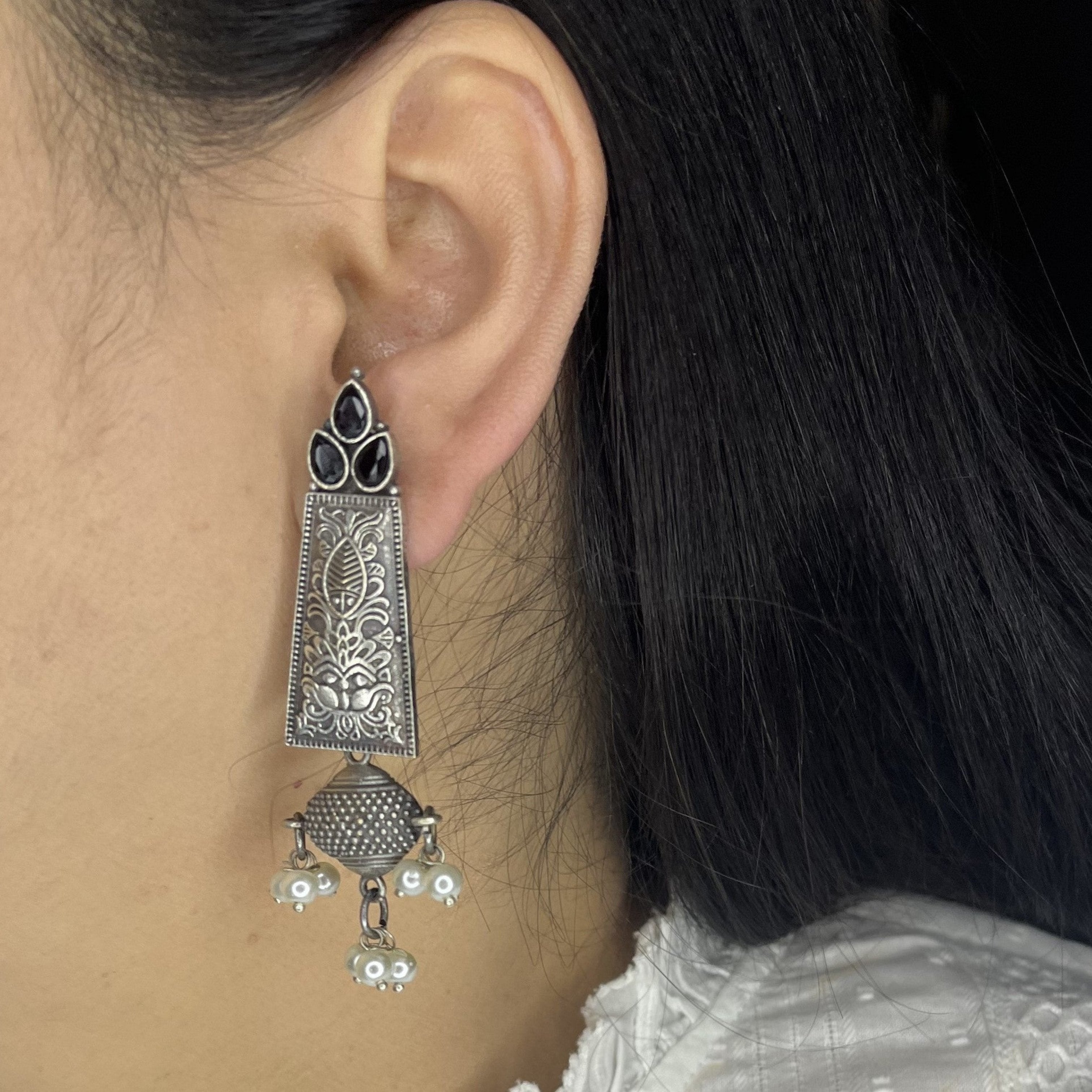 Oxidized Petals Shape Stud Dangle Earrings with Colour Stones & Pearls