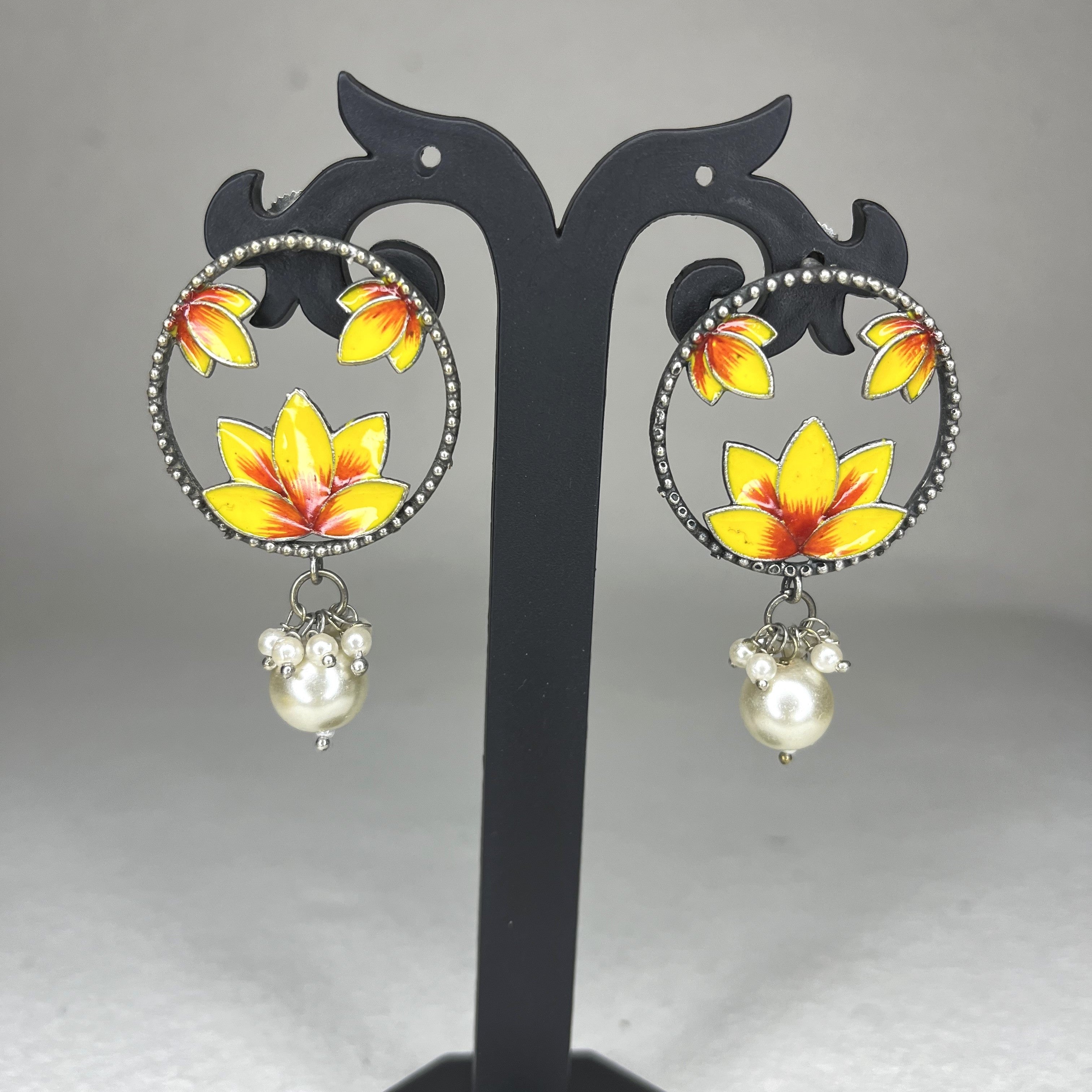 Enameled Lotus Earrings with Pearl Drop