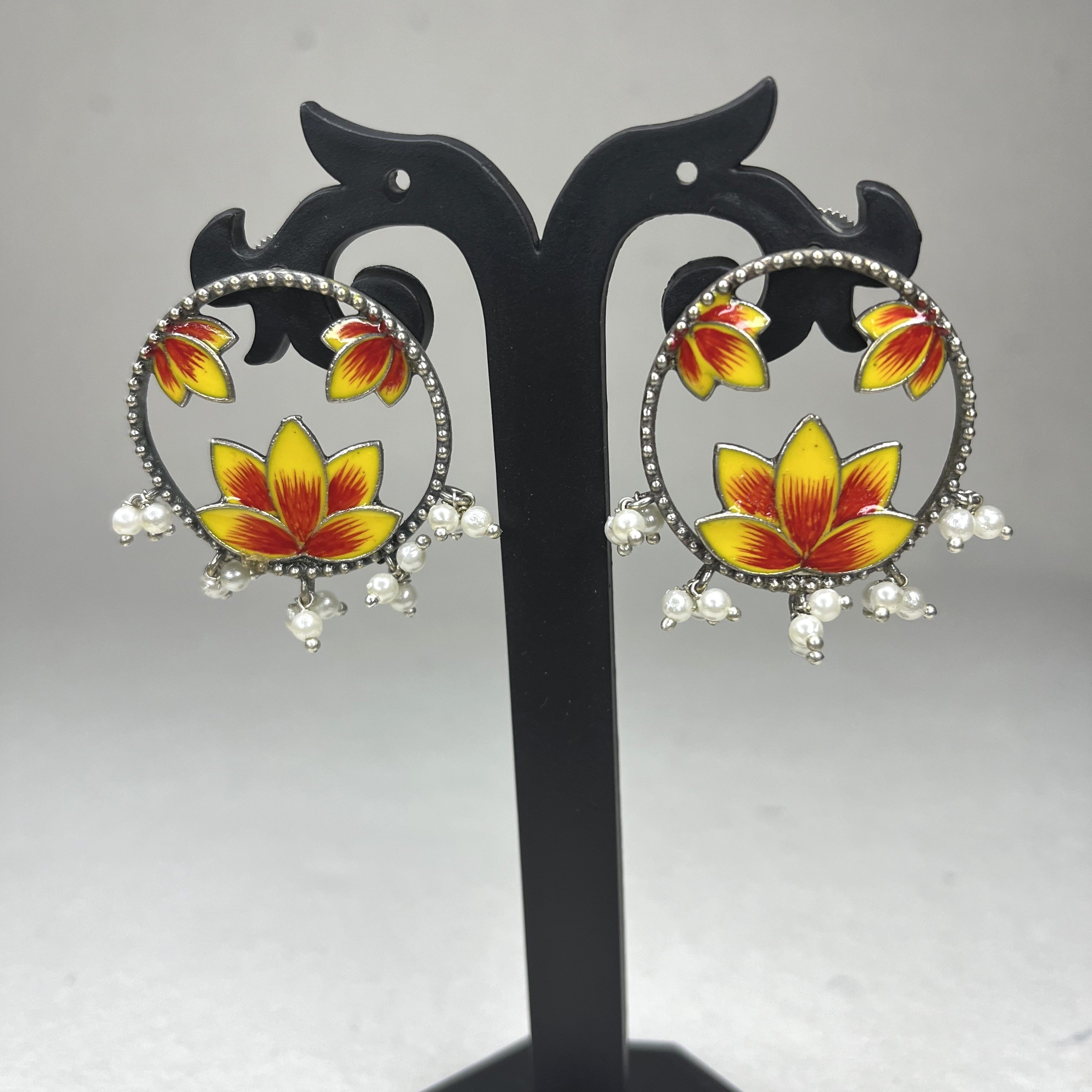 Enameled Lotus Earrings with Pearls