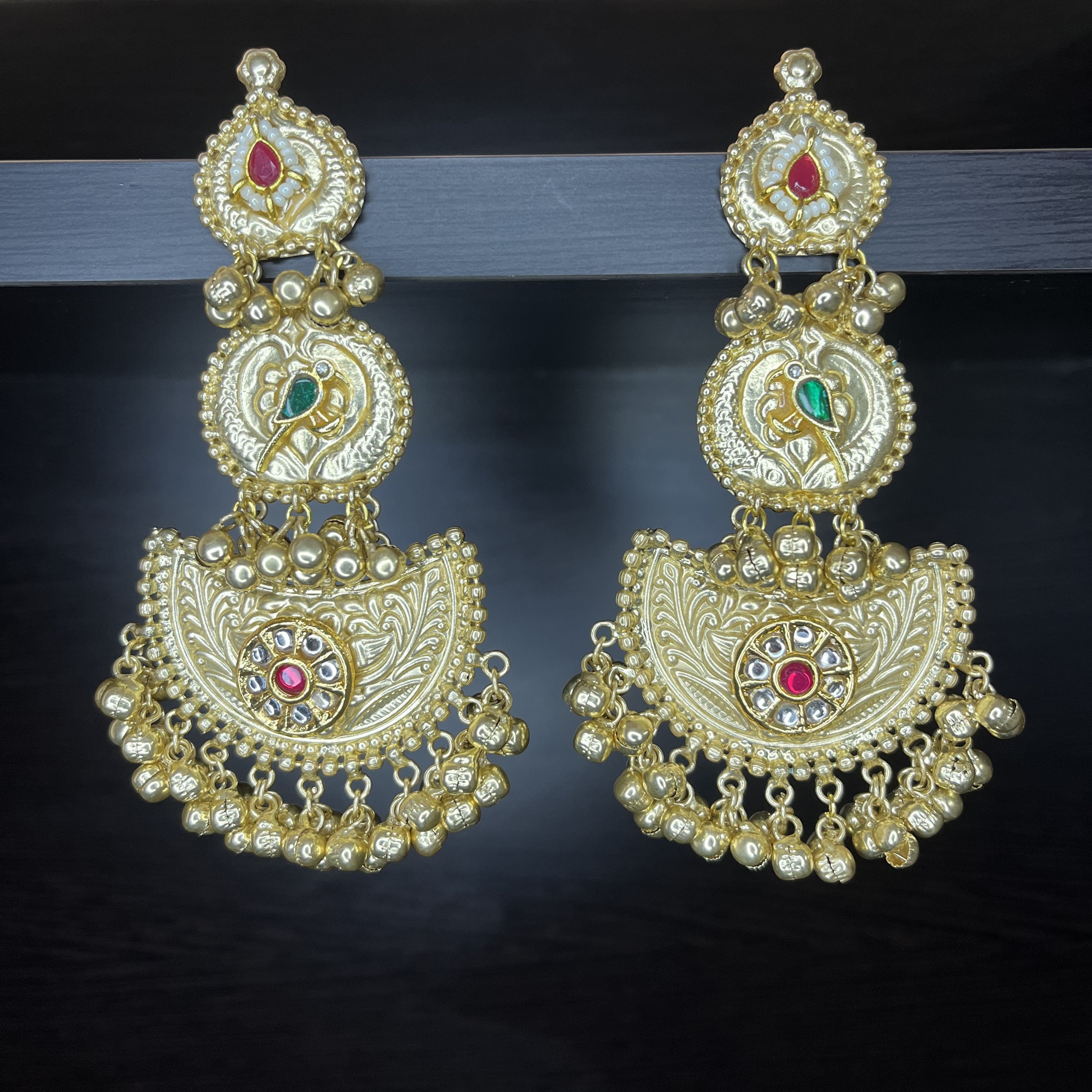 Handcrafted Gold-Plated Earrings with Kundan & Semi Precious Stones