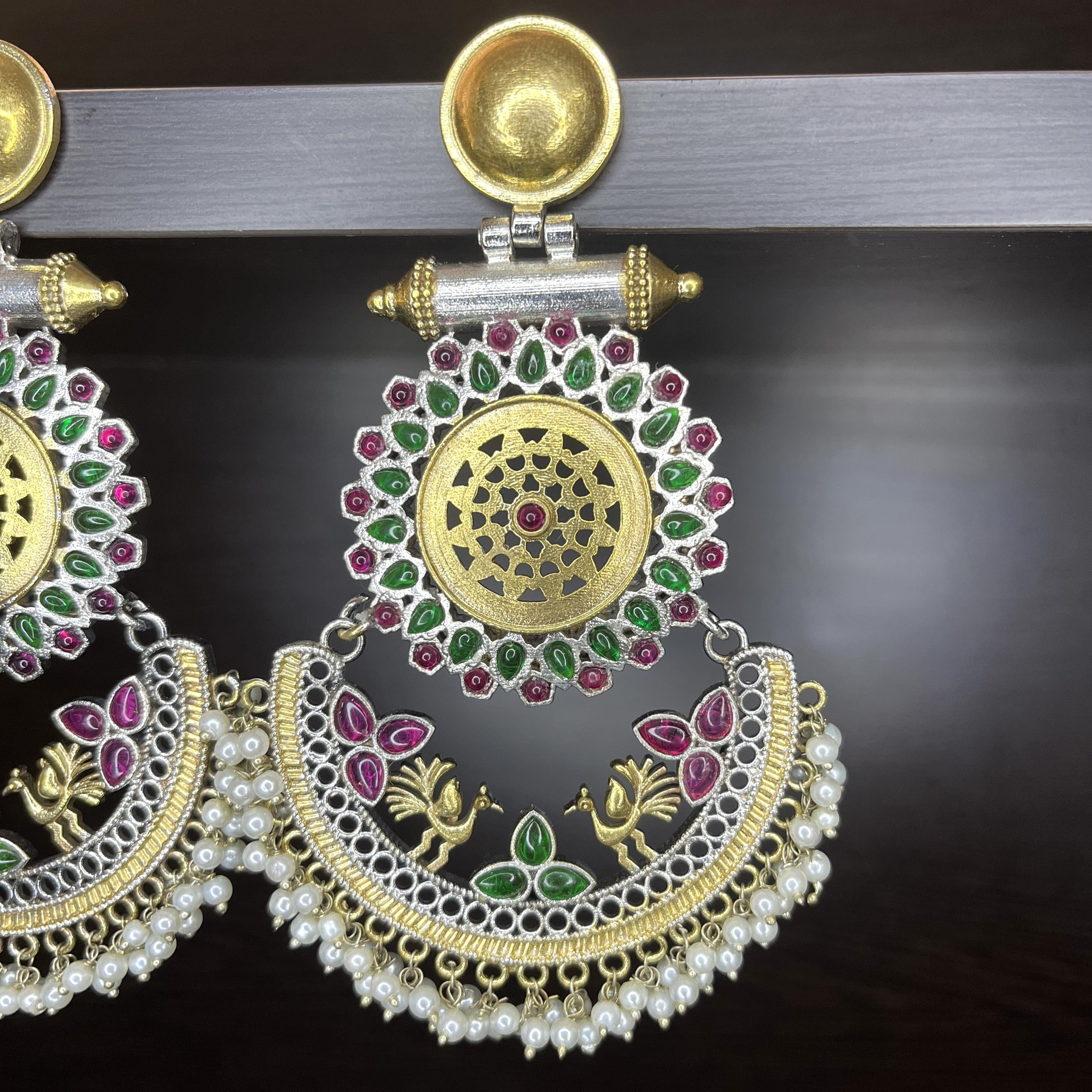 Handcrafted Dual Tone Long Earrings with Stones