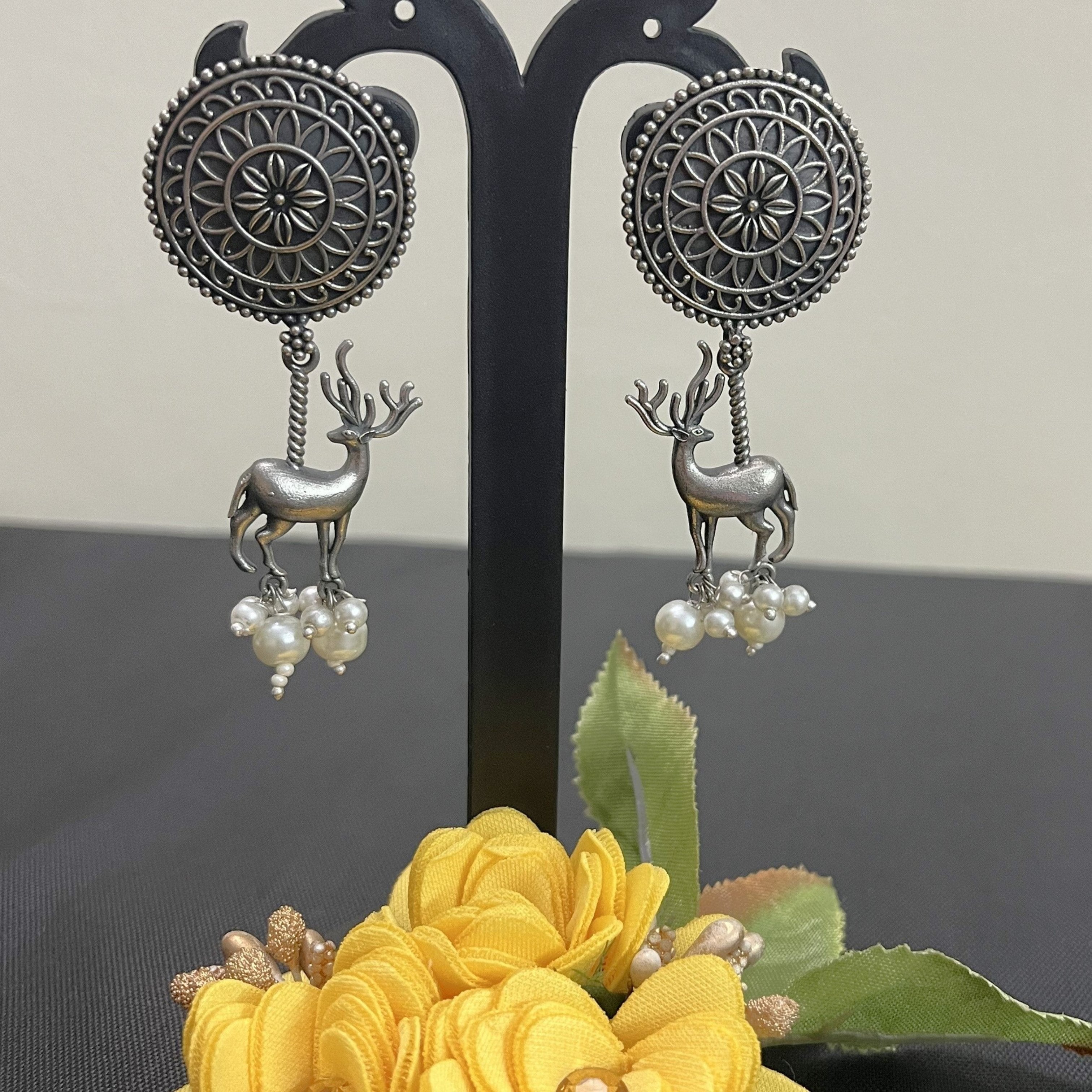 German Silver Plated Long Reindeer Earrings