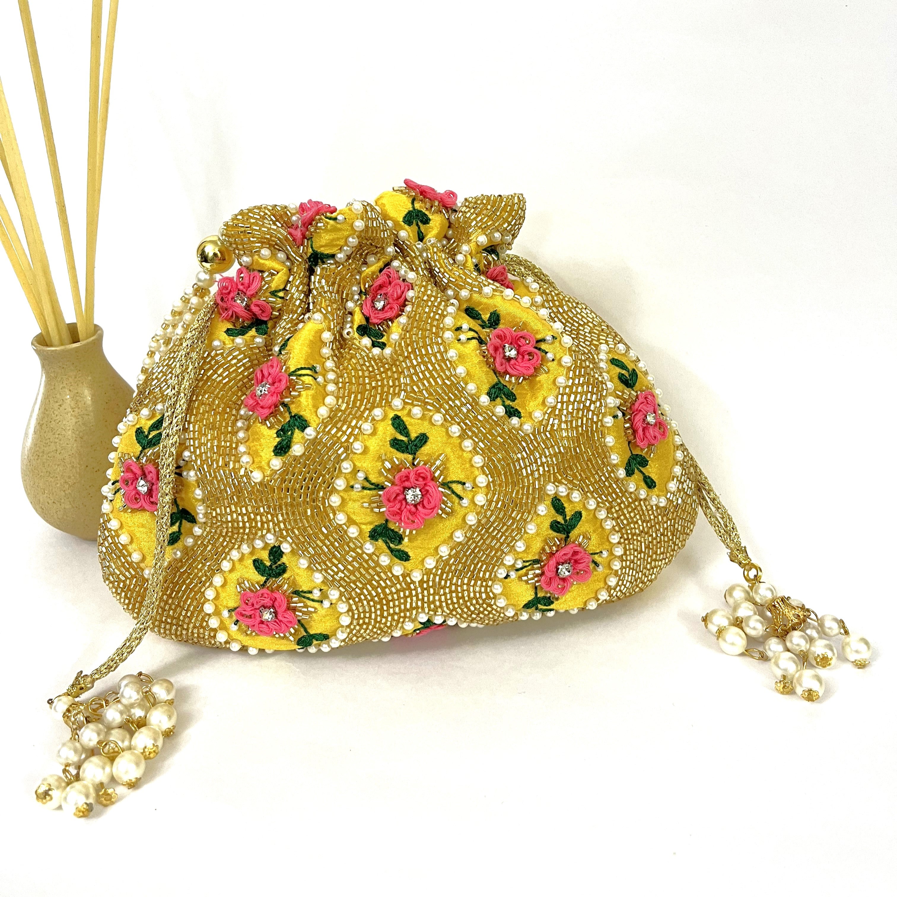 Yellow Floral Embellished Potli