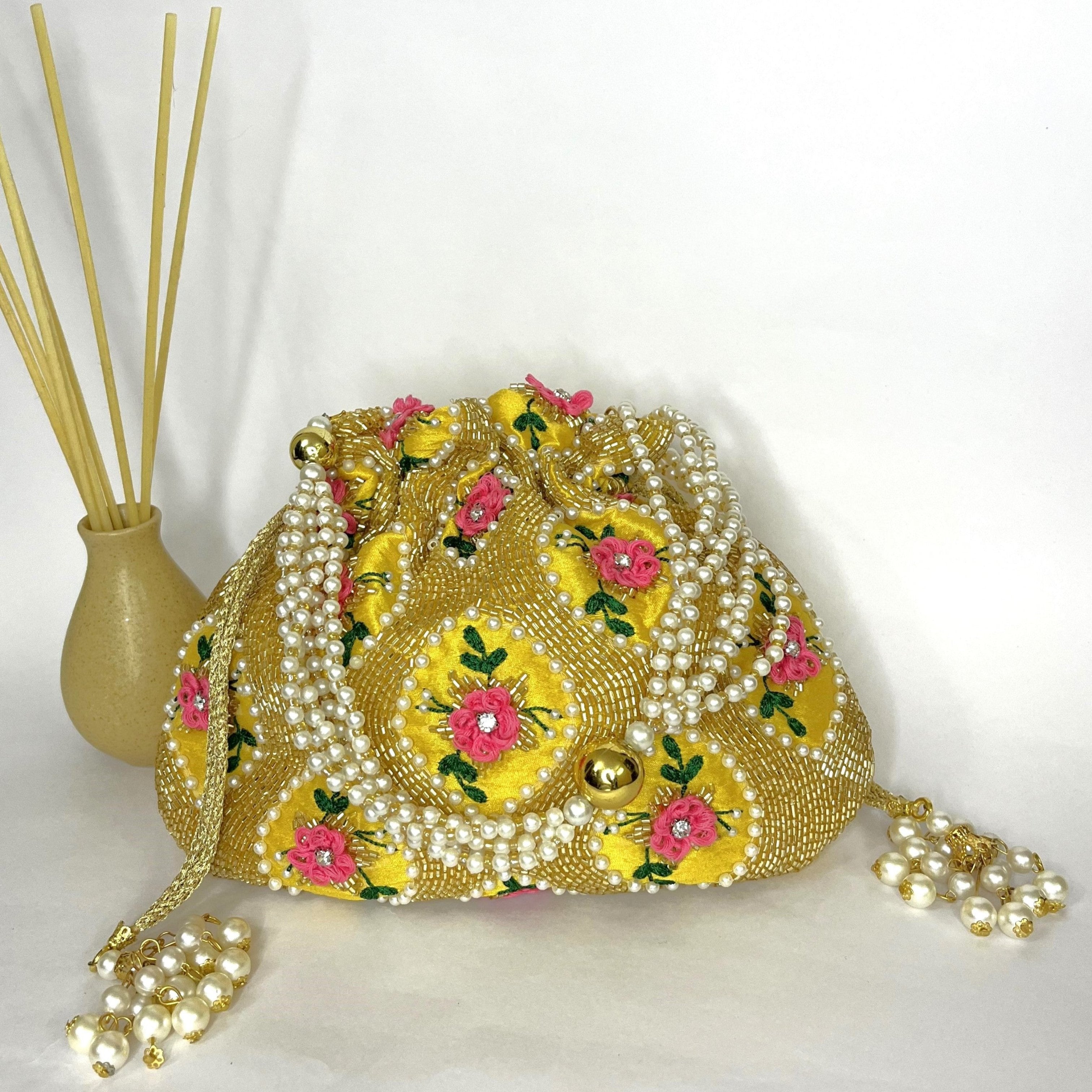 Yellow Floral Embellished Potli