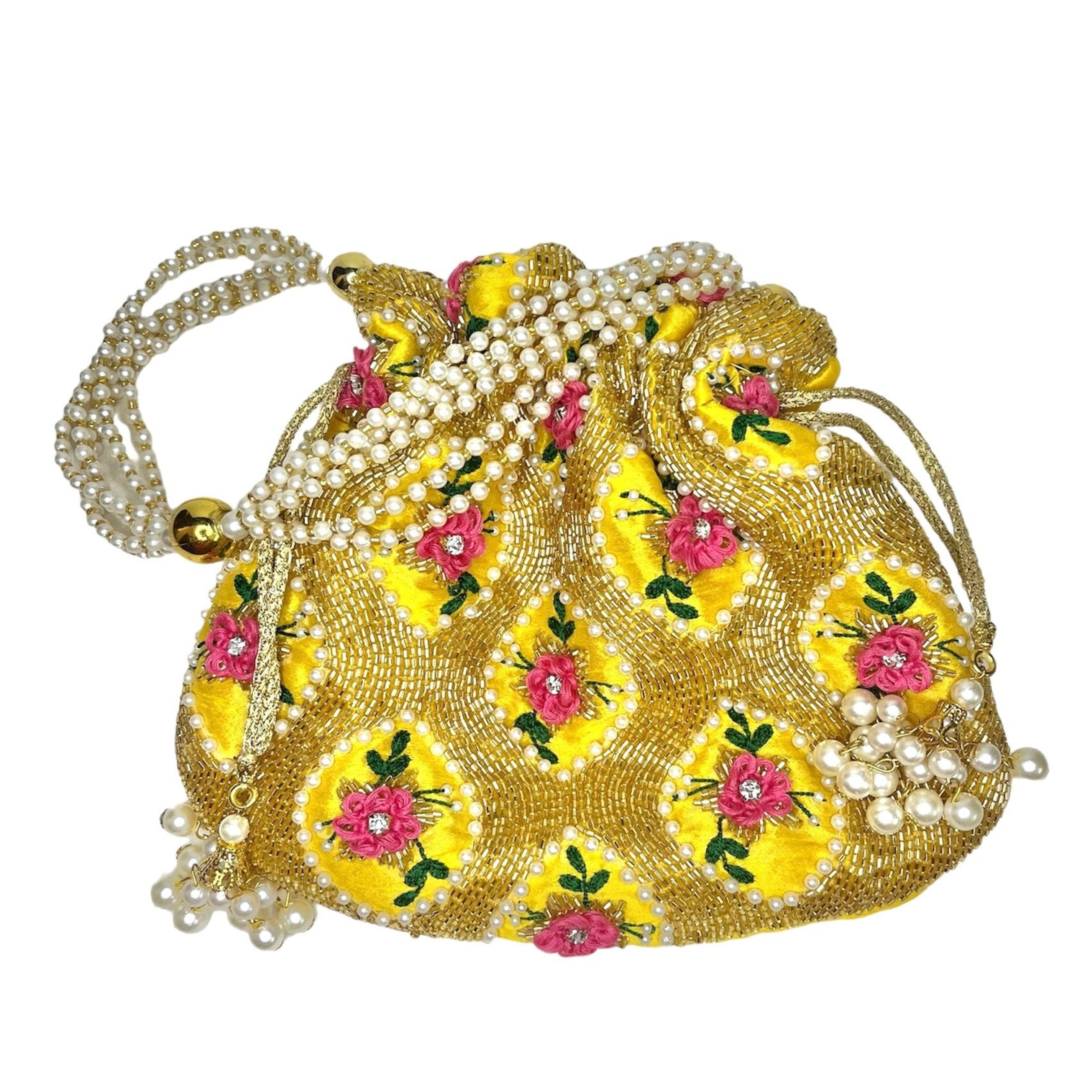 Yellow Floral Embellished Potli