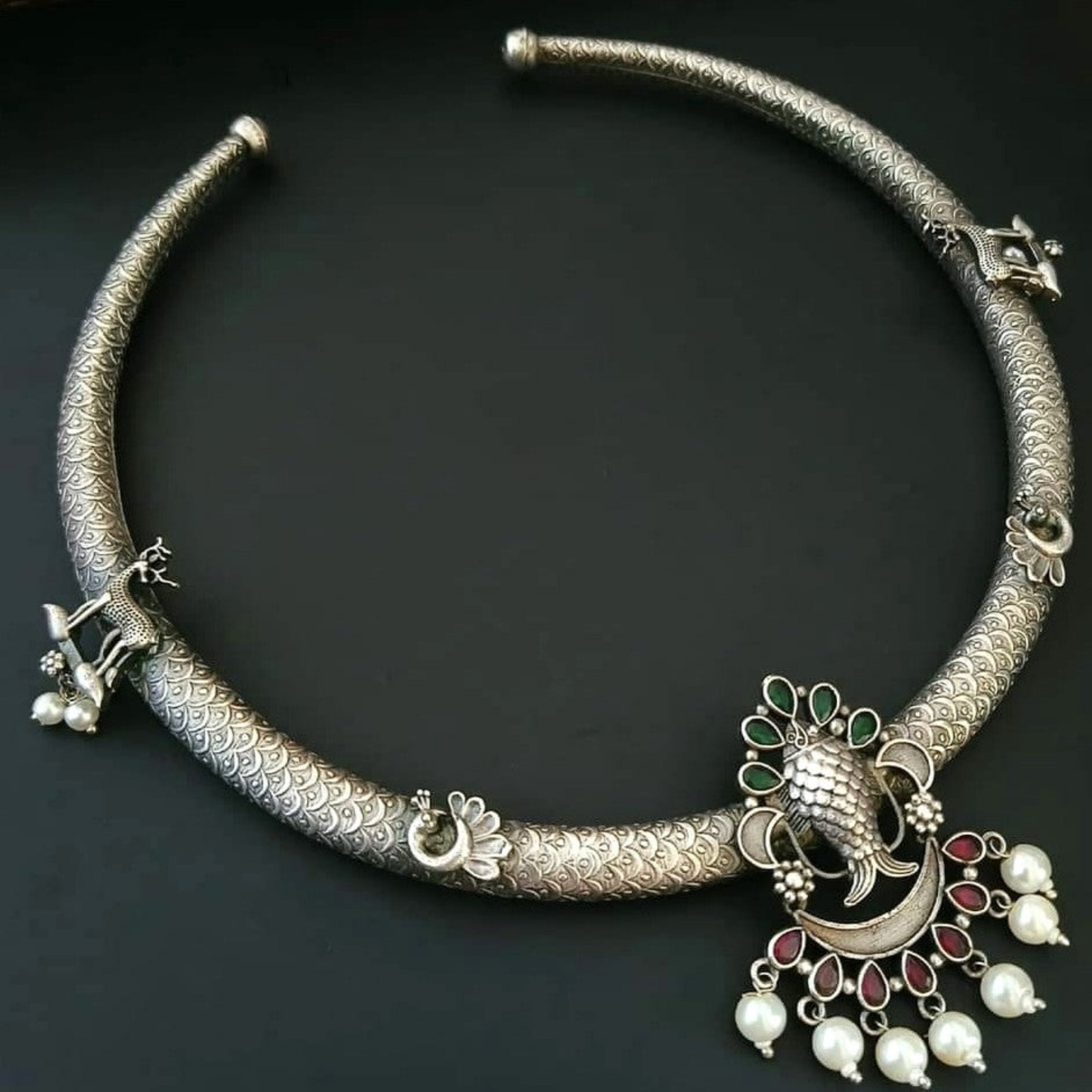 Silver Plated Hasli Necklace with Stones & Pearl (Necklace Only)