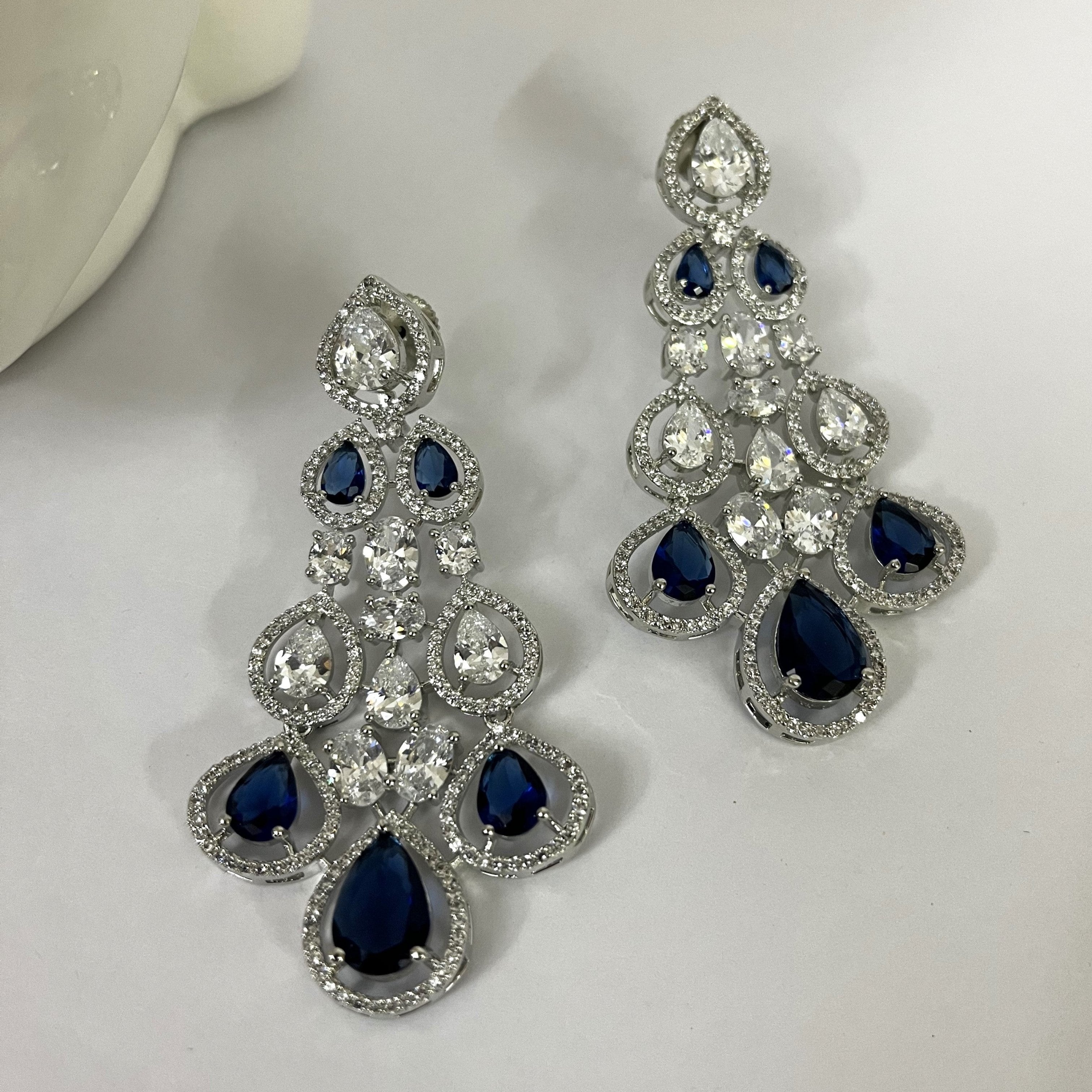 Petal Design Blue & White Crystal AD Studded Necklace Set with Maang Tikka