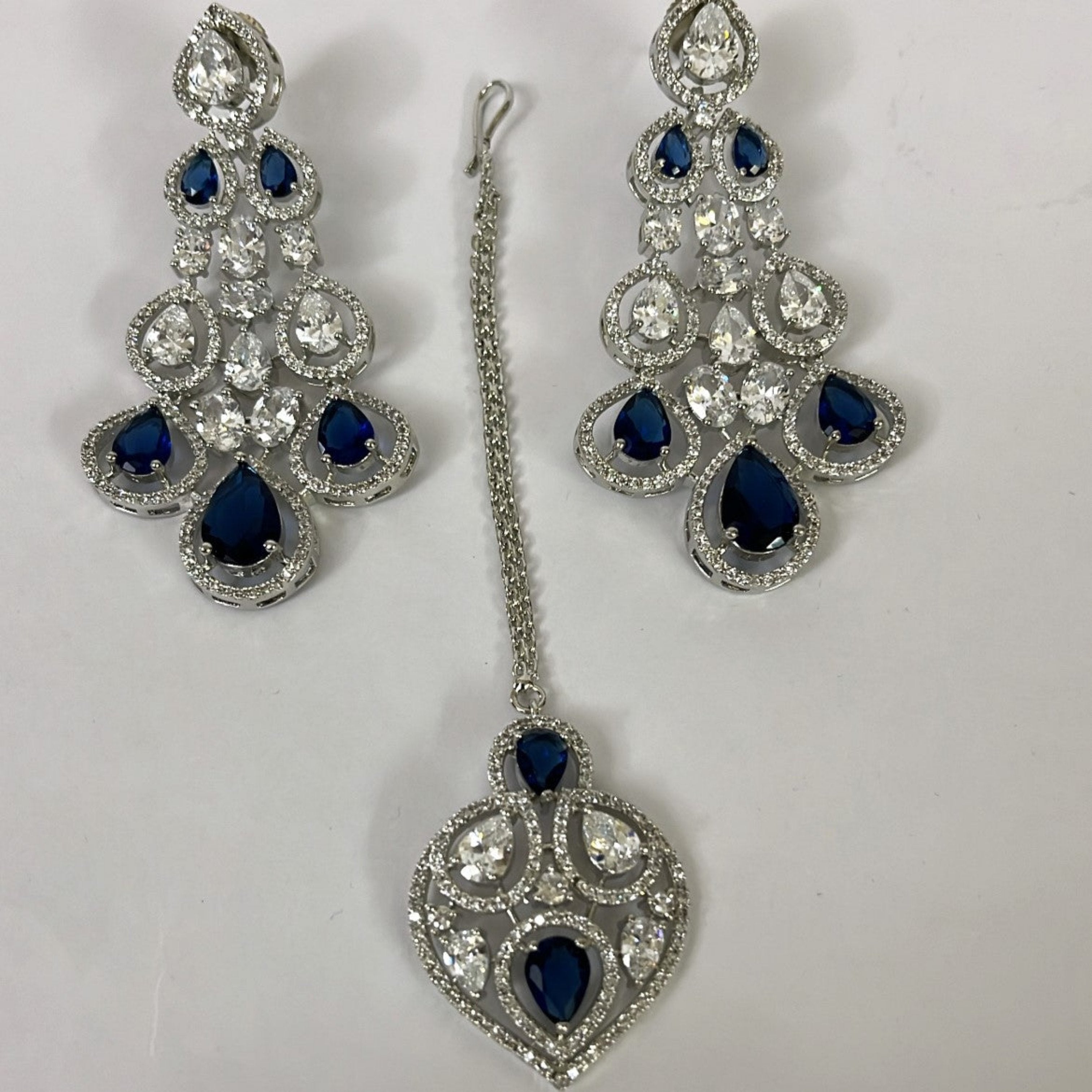 Petal Design Blue & White Crystal AD Studded Necklace Set with Maang Tikka