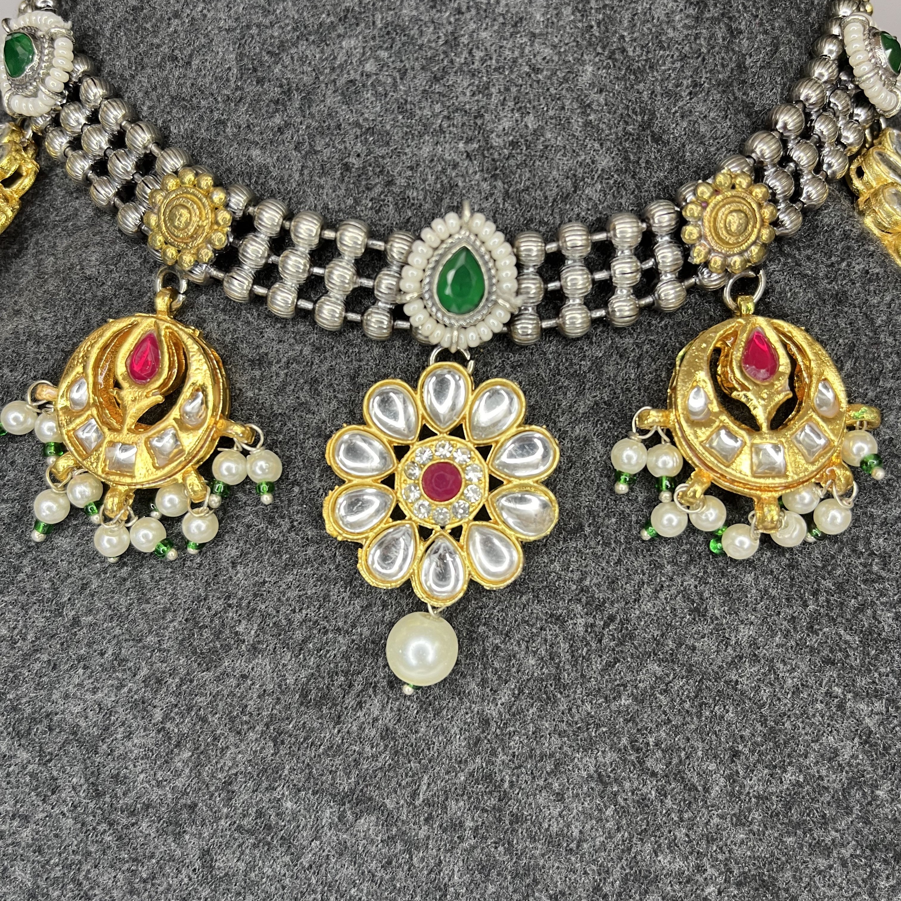 Silver Plated Floral Choker with Kundan work (Necklace Only)