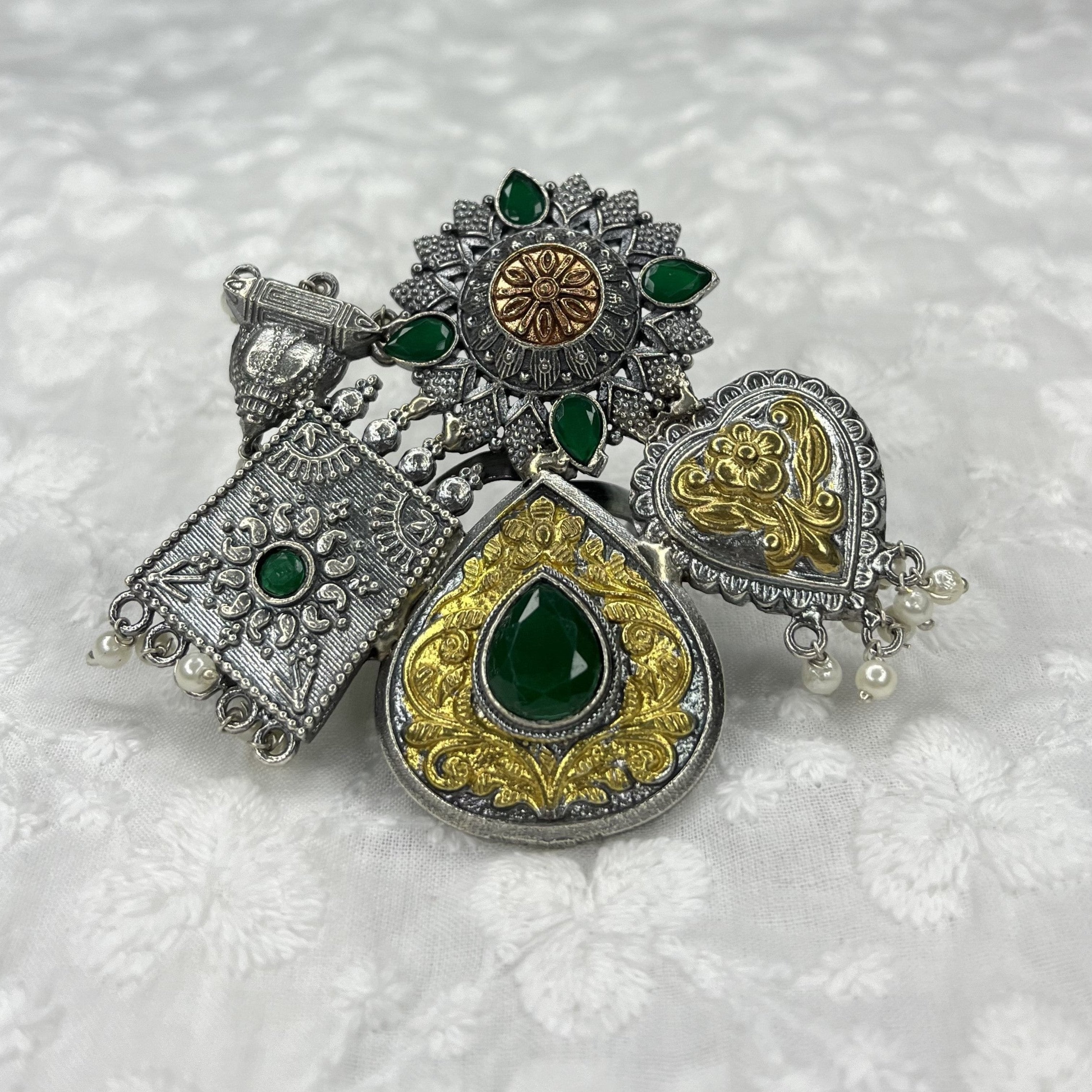 Dual Tone Statement Ring with Emerald Stones