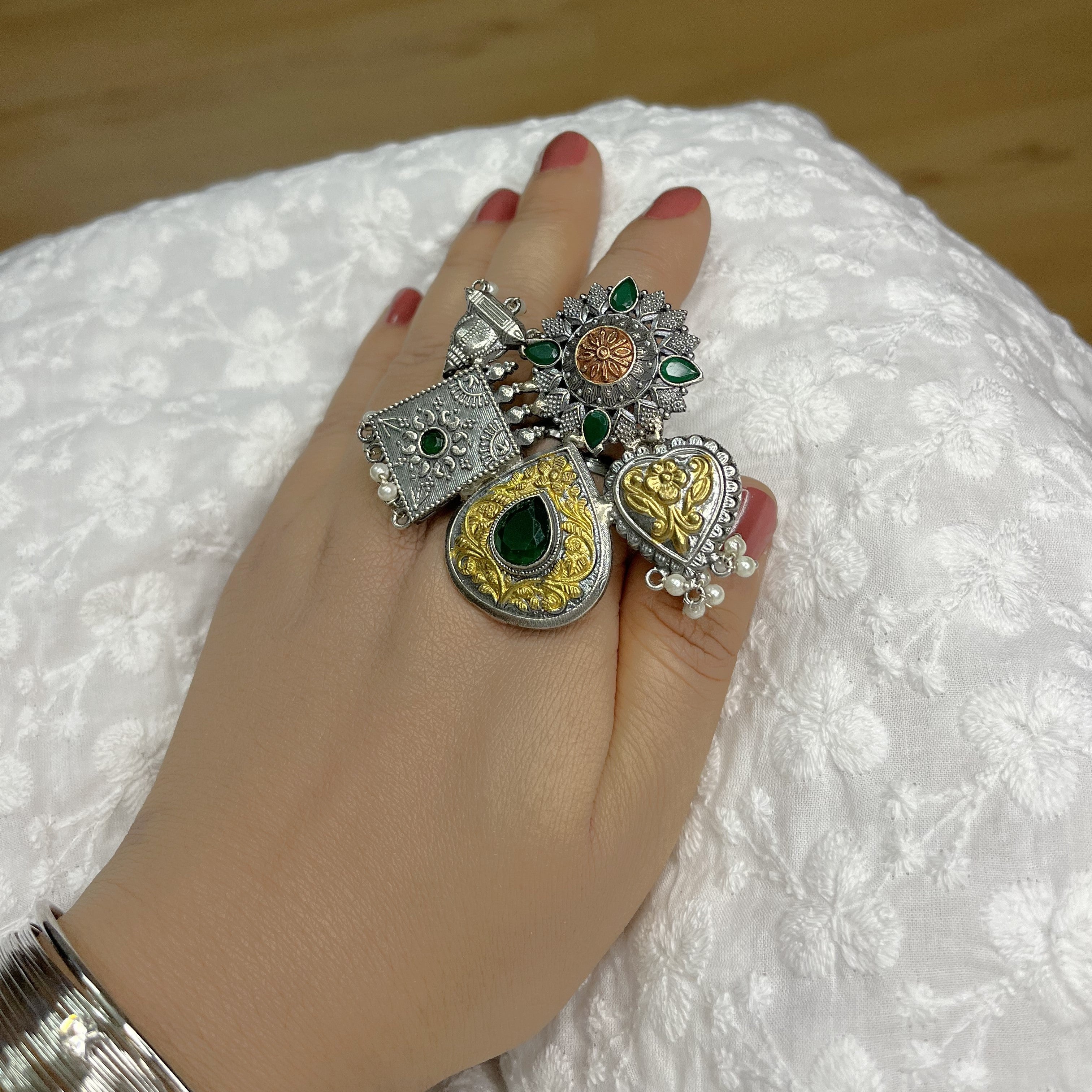 Dual Tone Statement Ring with Emerald Stones