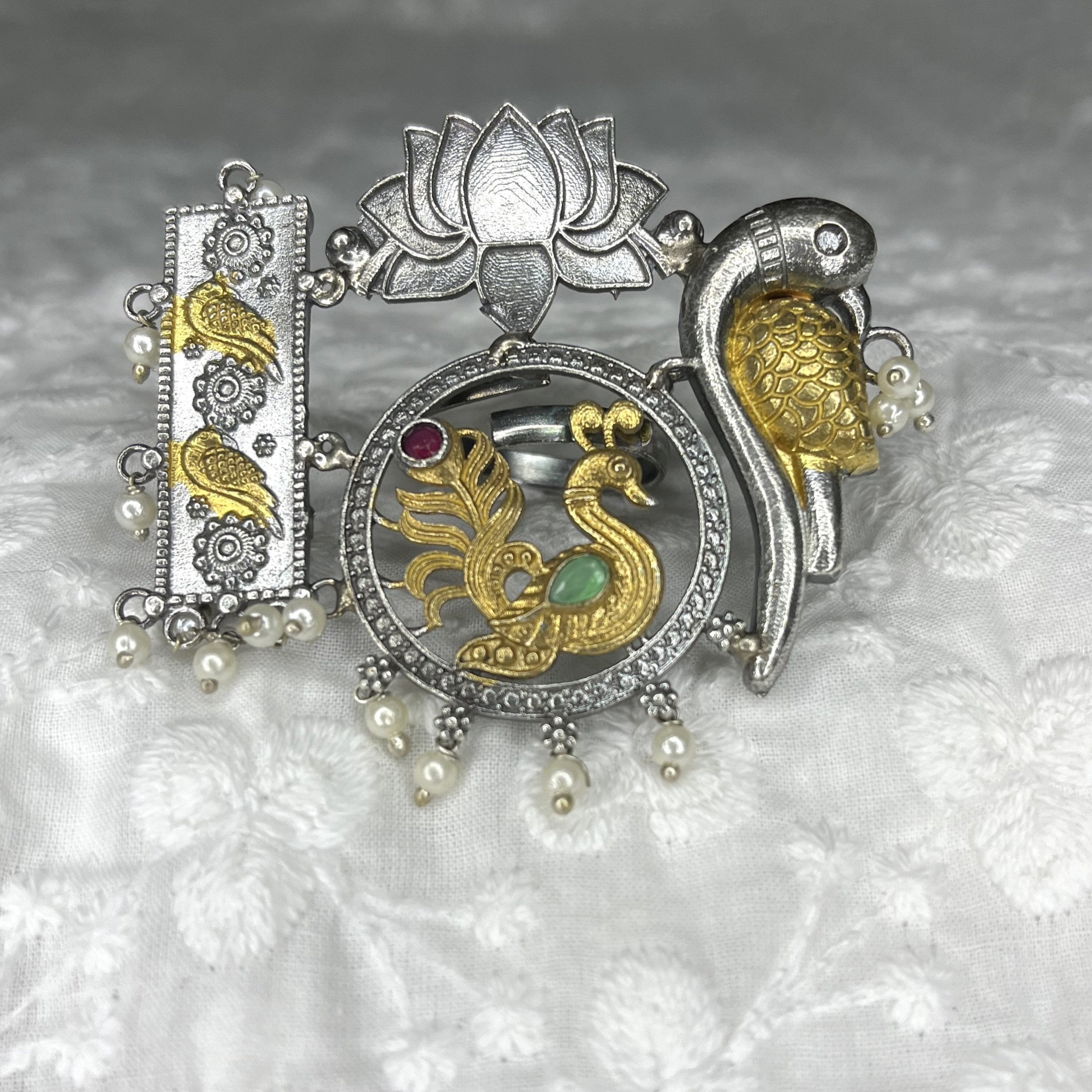 Dual Tone Peacock Statement Ring with Colored Stones